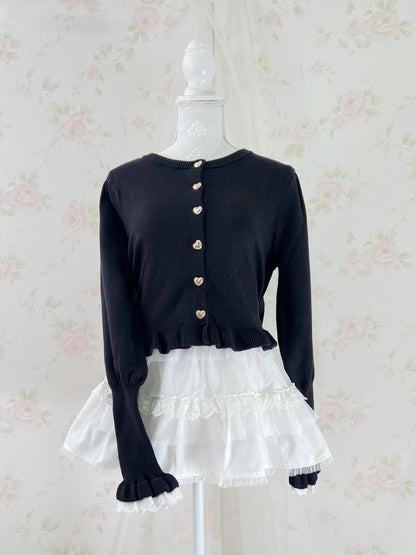 Gold Heart Button Cotton Lace Sleeve Cardigan (Black)