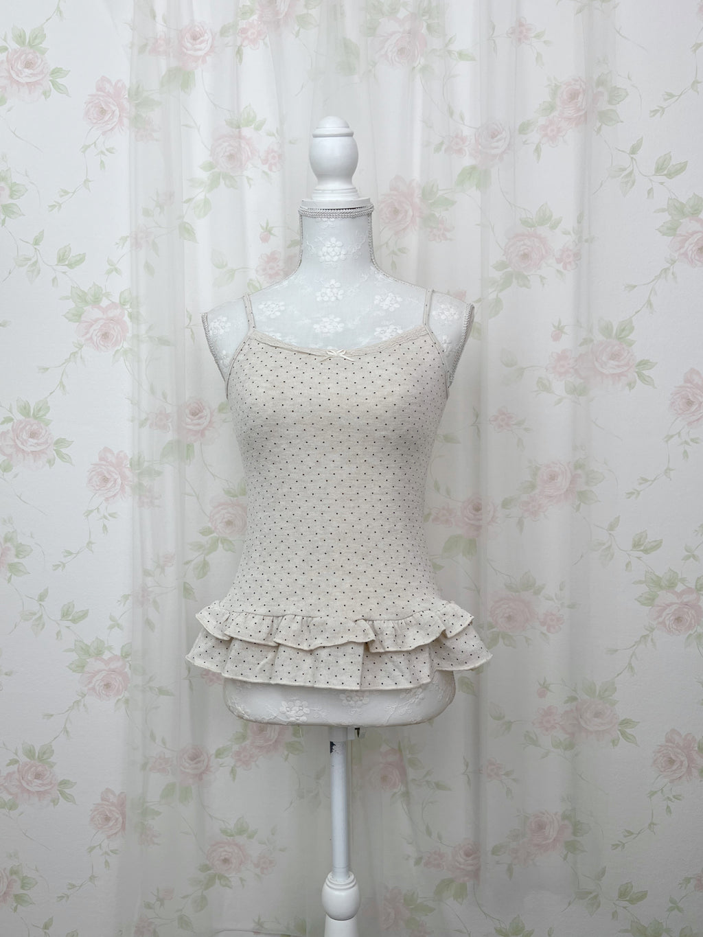 Polka Dot Cardigan Camisole Set (Beige)
