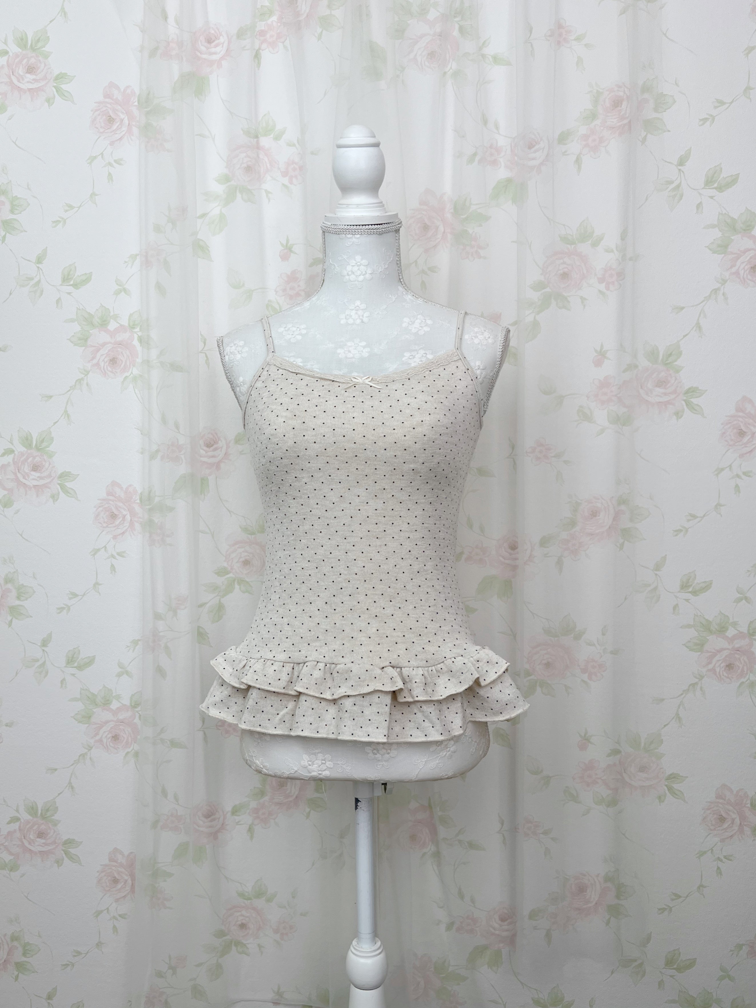 Polka Dot Cardigan Camisole Set (Beige)