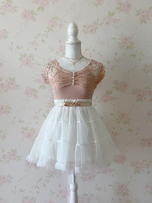 GRL Floral Tulle  Sleeved Pearl Button 2 Way Top (Pink)