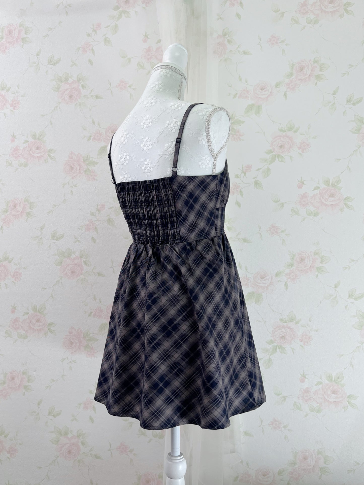 GRL Corset Camisole Checked Dress (Navy)