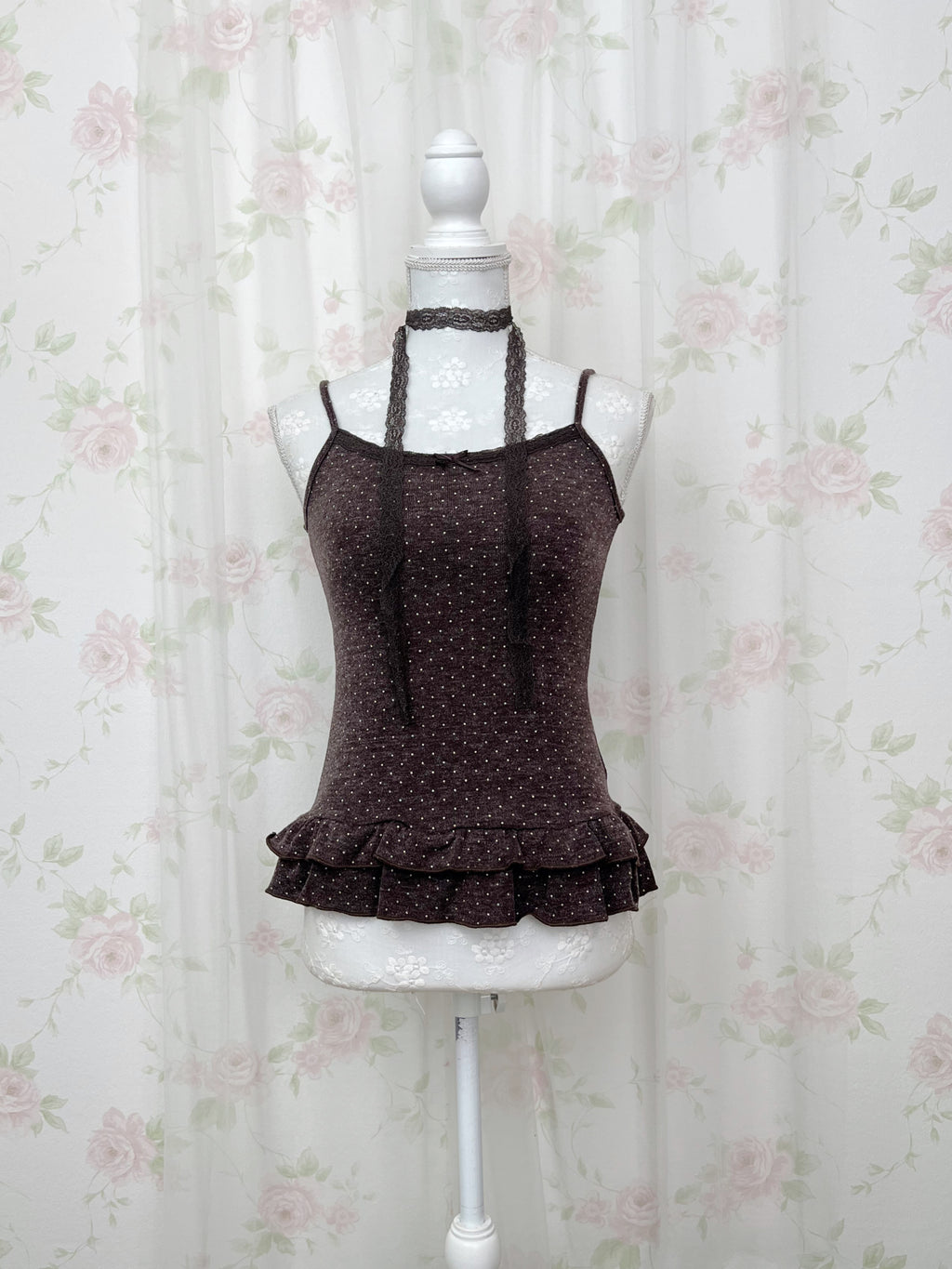 Polka Dot Cardigan Camisole Set (Chocolate)