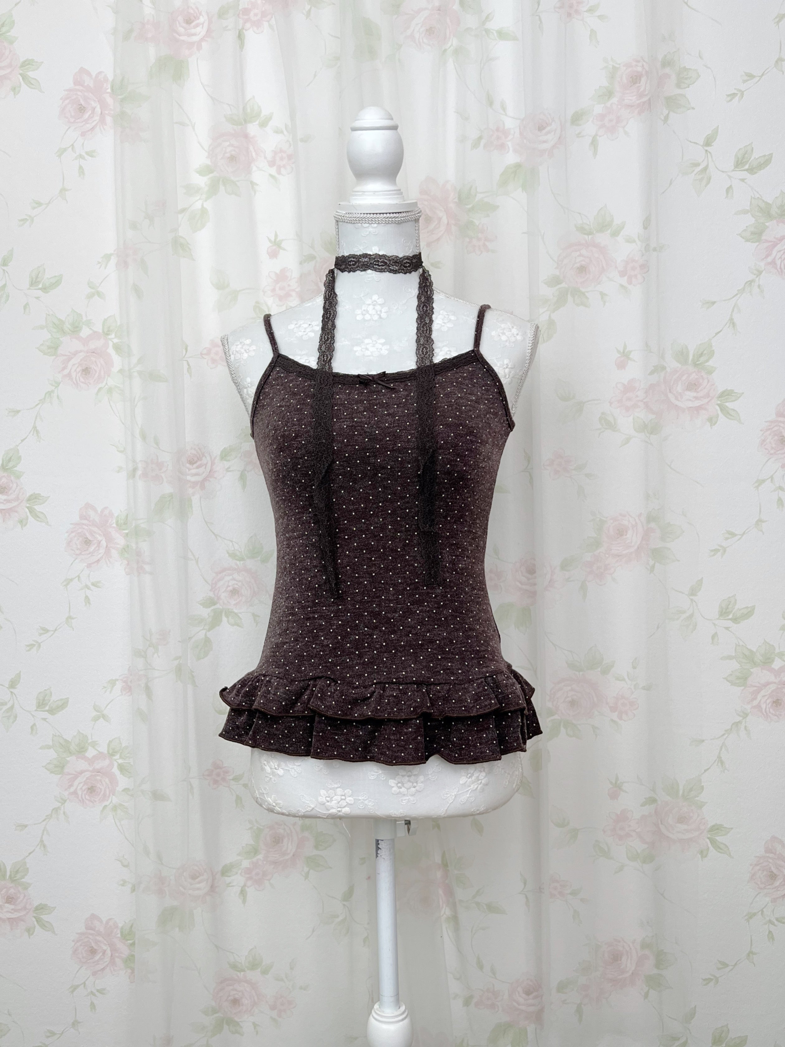 Polka Dot Cardigan Camisole Set (Chocolate)