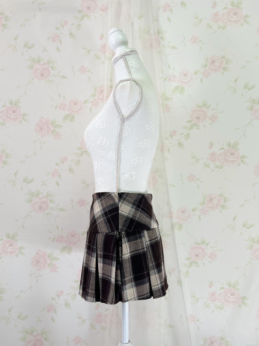 Wool Like Checked Pleated Skirt (Brown)