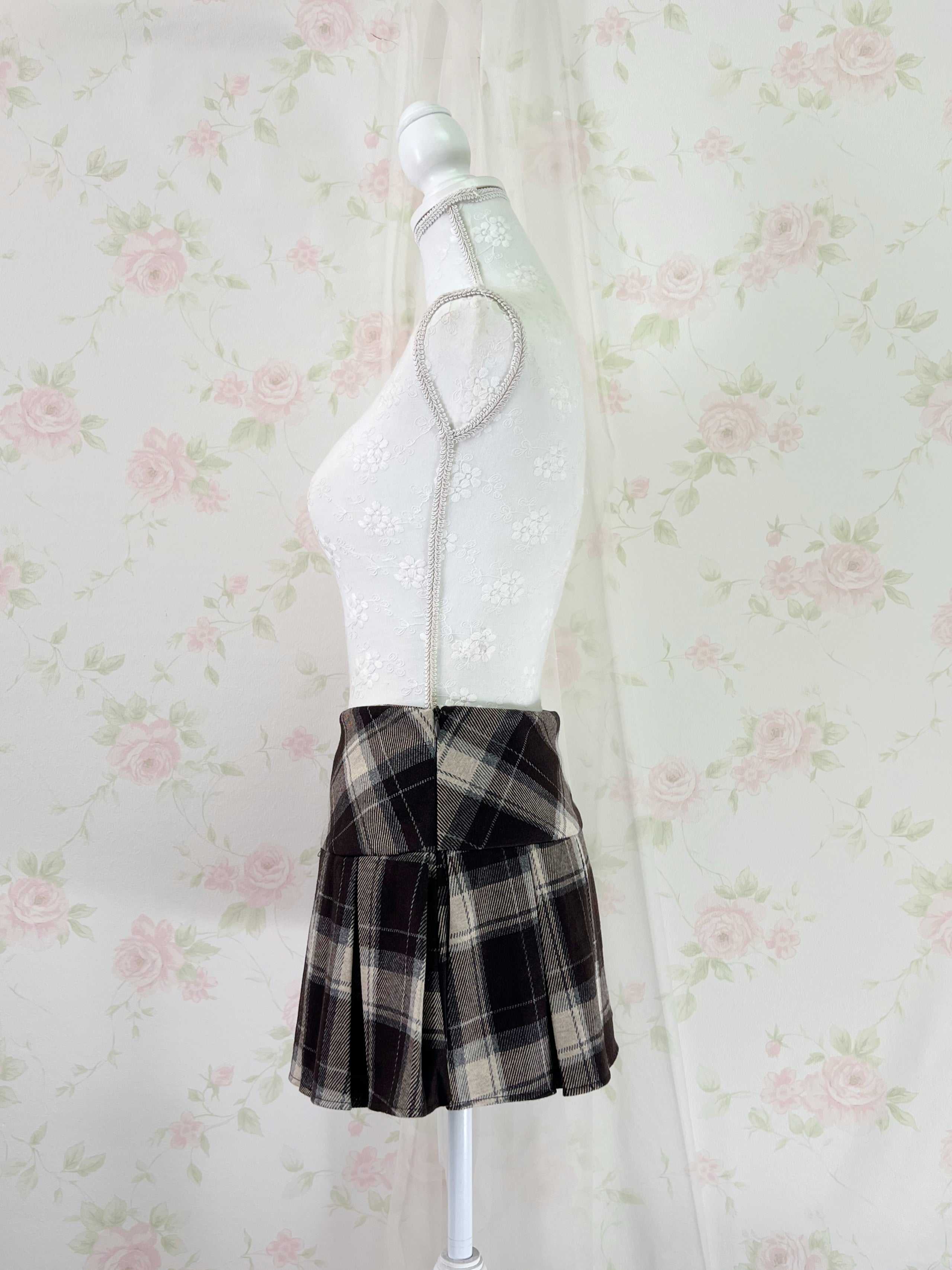 Wool Like Checked Pleated Skirt (Brown)