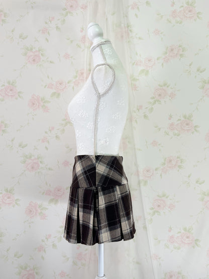 Wool Like Checked Pleated Skirt (Brown)