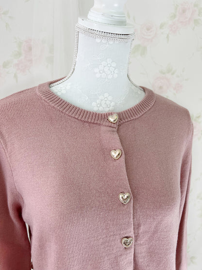 Gold Heart Button Cotton Lace Sleeve Cardigan (Pink)