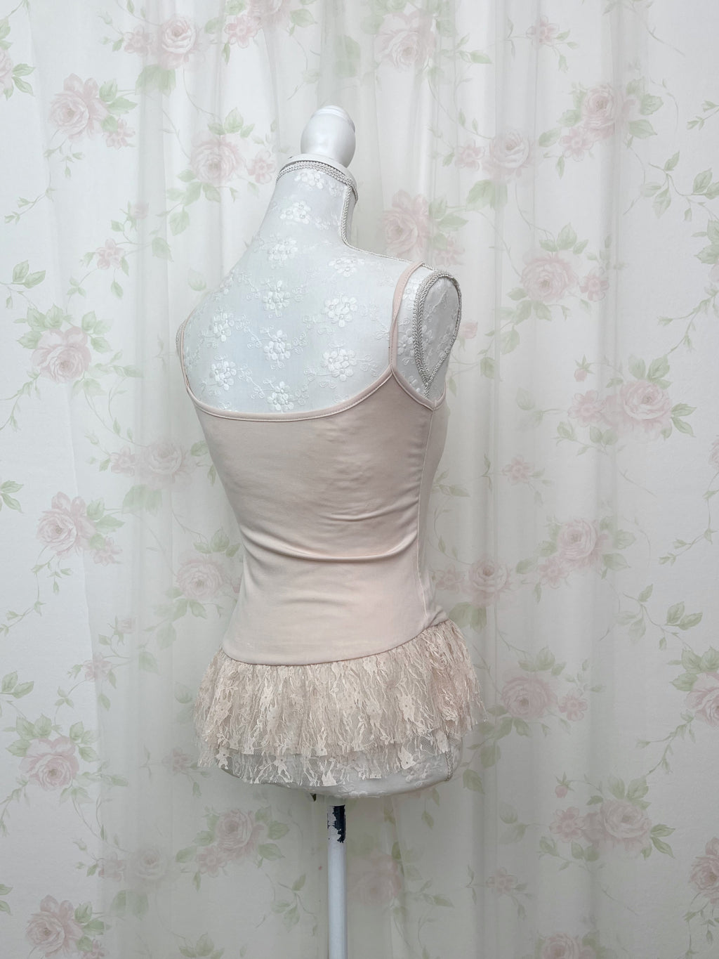 One Shoulder Knit Lace Camisole Set (Pink Beige)