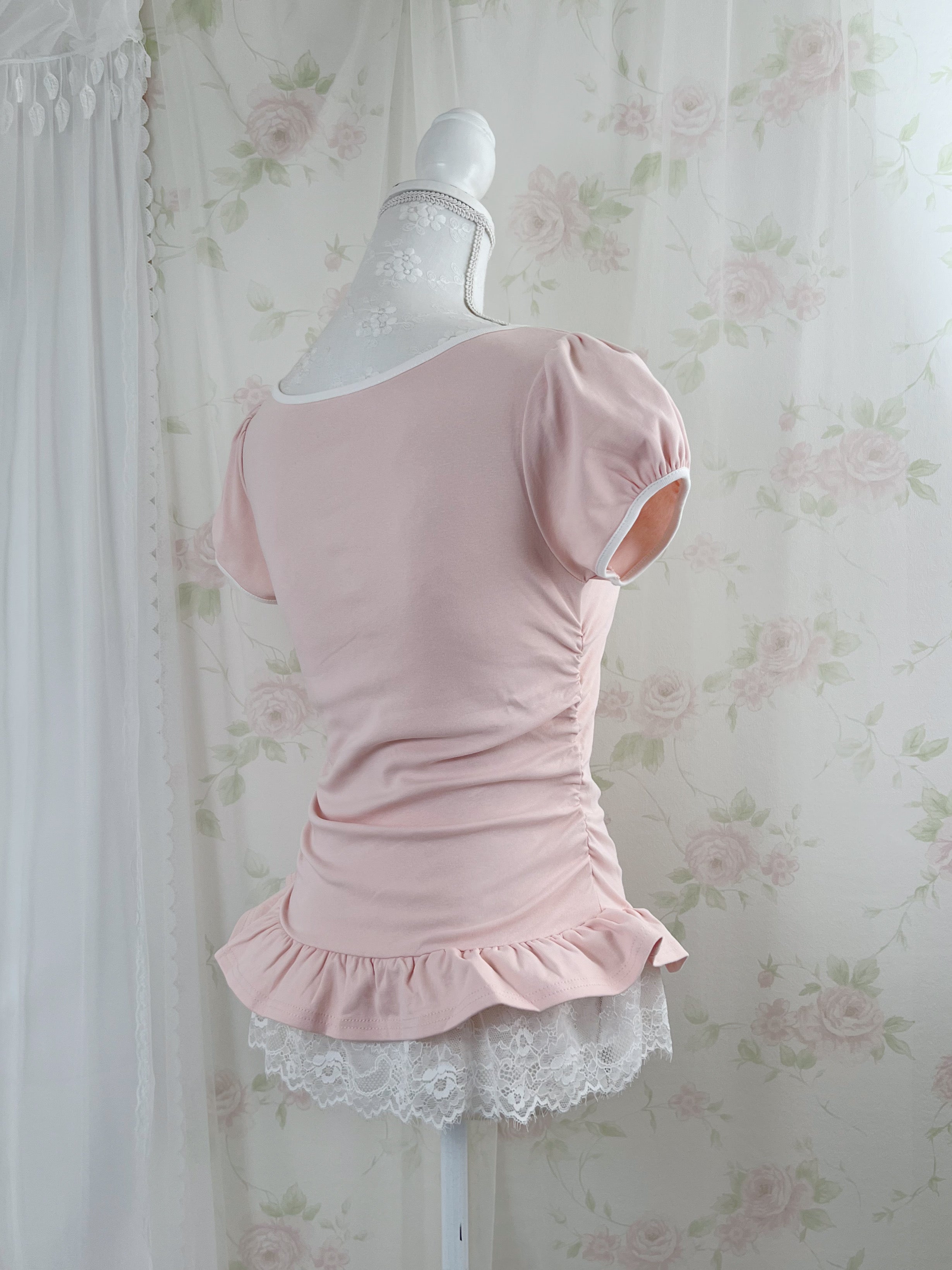 Frilled Lace Hem T-Shirt (Pink)