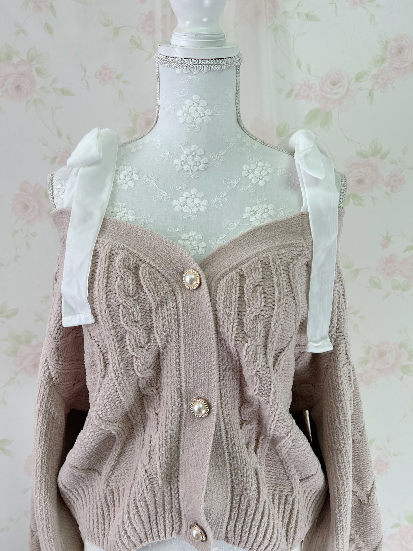 Velvet Shoulder Bow Sweater (Strawberry Milk Tea)