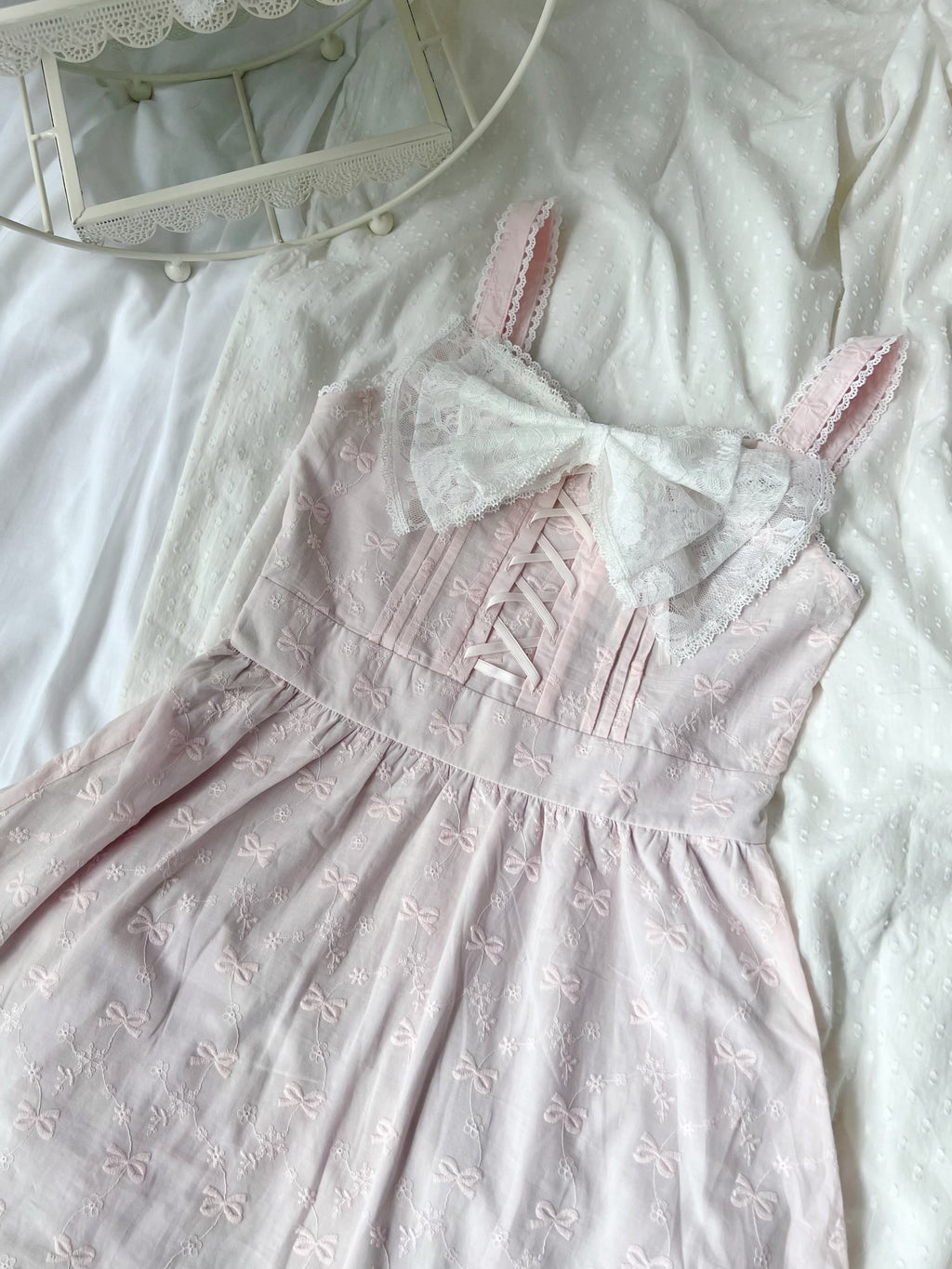 evelyn Ribbon Patterned Cotton Dress (Pink)
