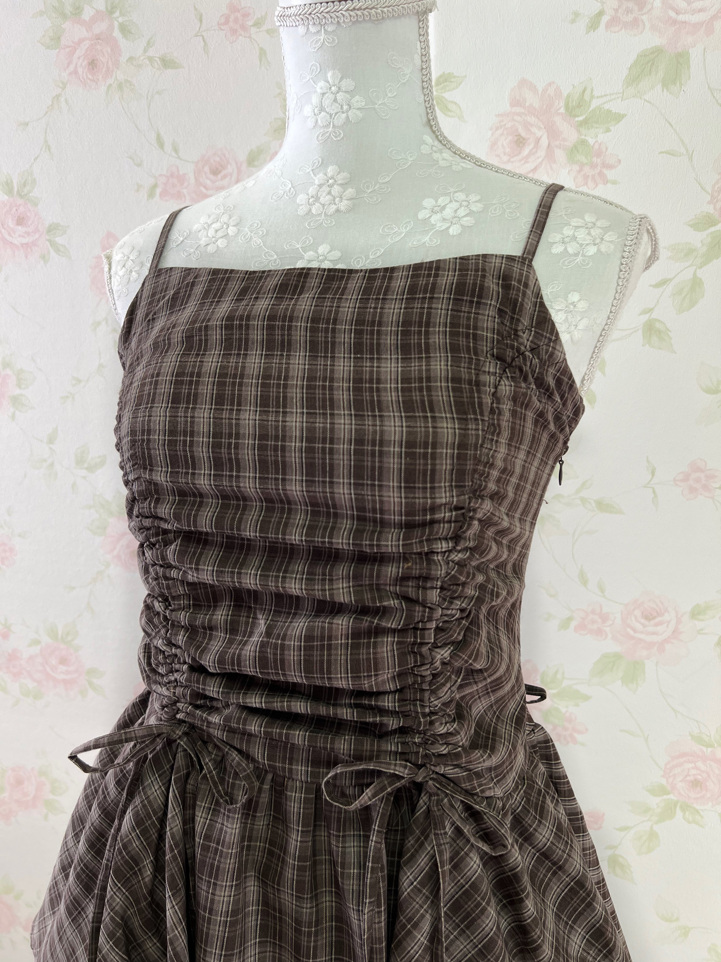 Side String Checked Camisole Dress (Brown)
