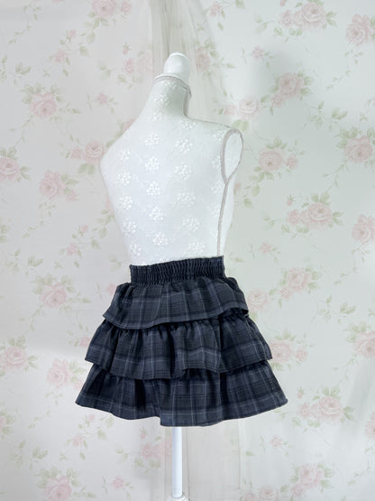 GRL Tiered Checked Skirt (Navy Gray)