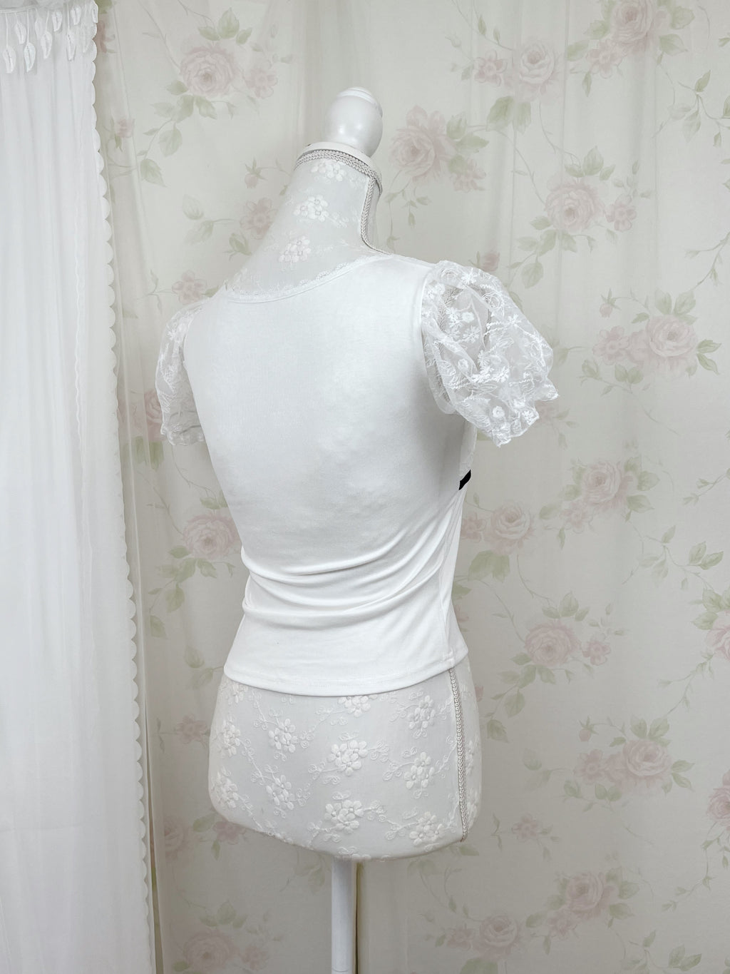 Lacy Sleeve Bow Top (White)