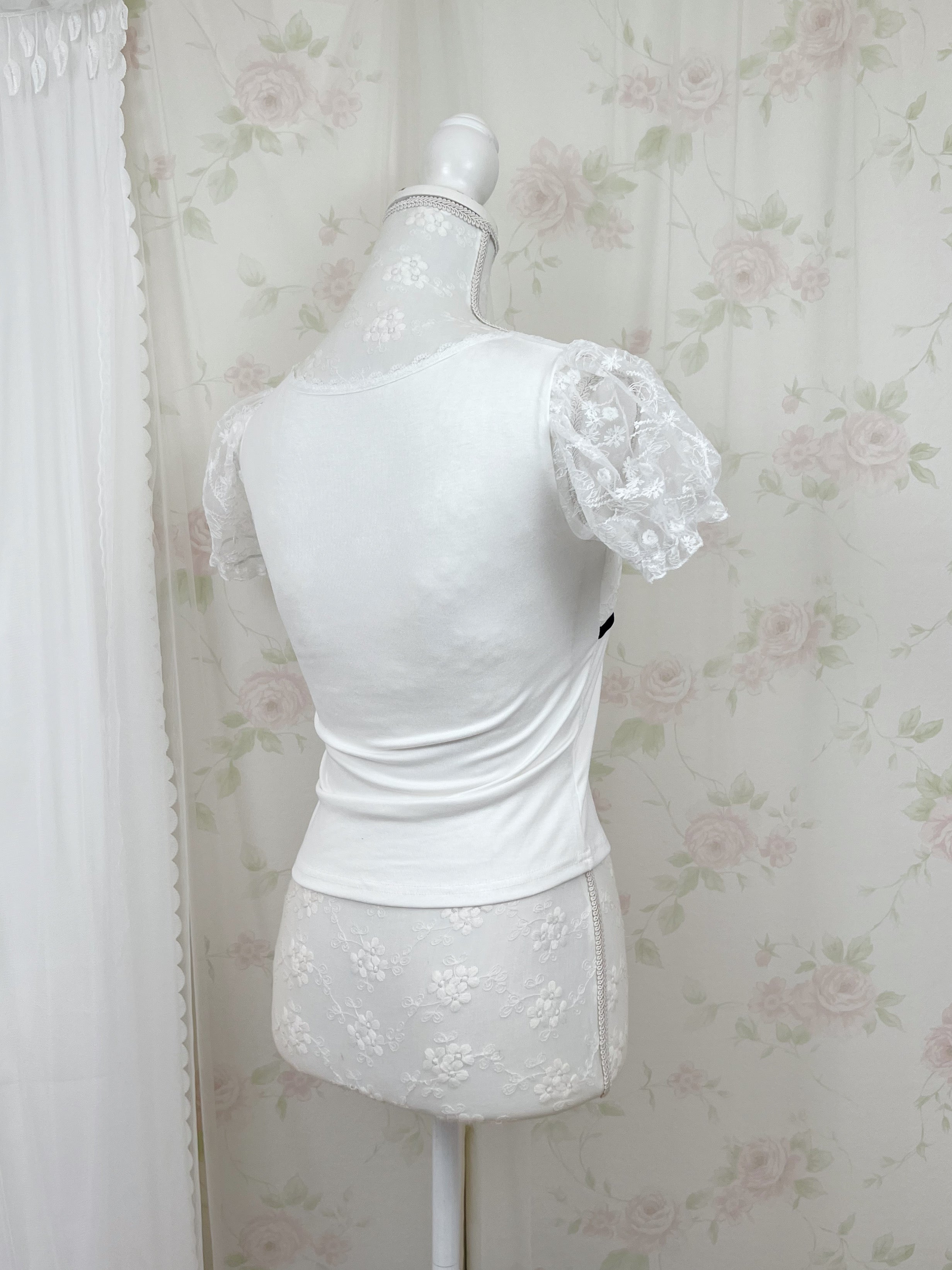 Lacy Sleeve Bow Top (White)