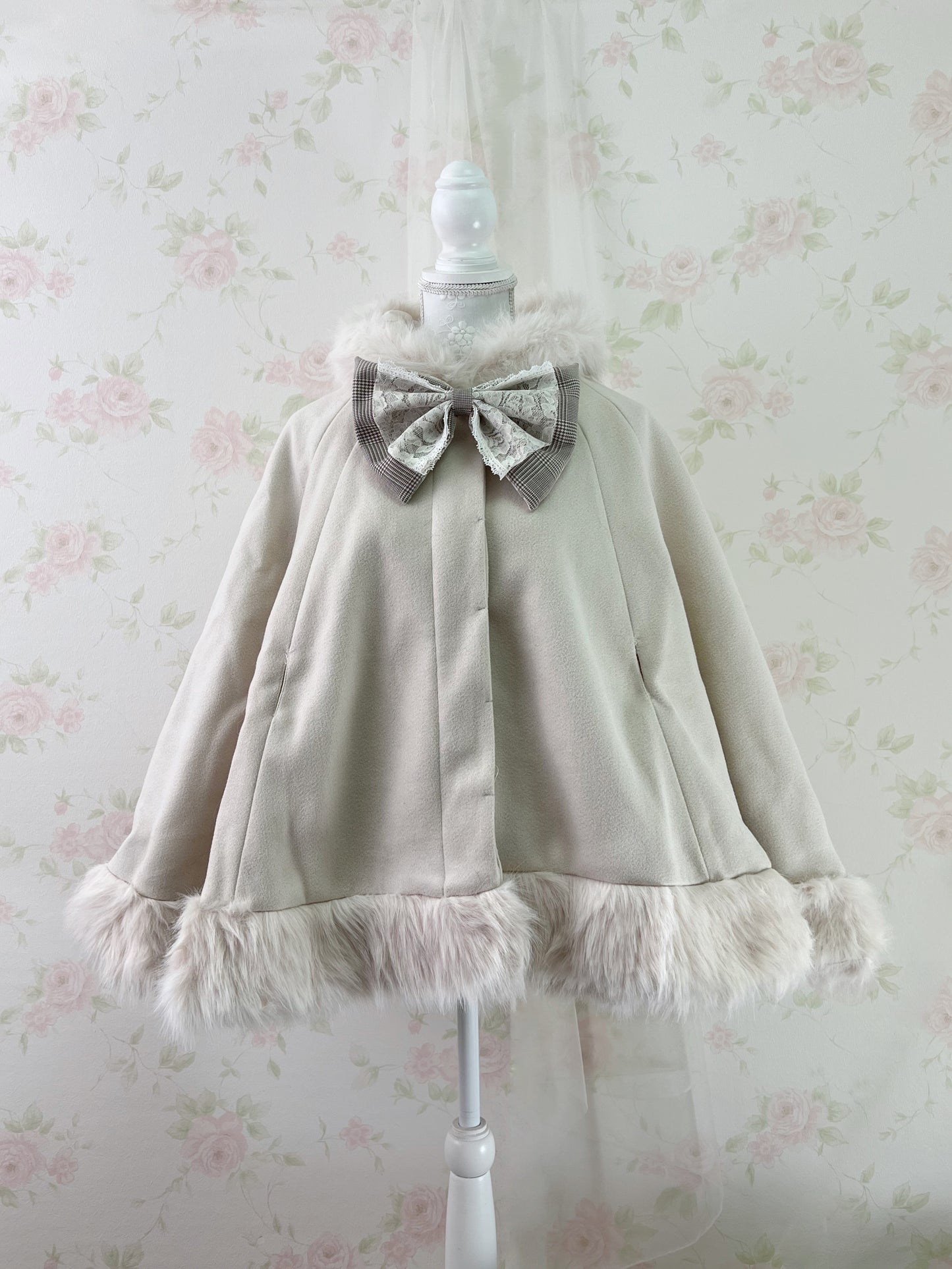 GRL Fake Fur Hood Poncho Coat (Ivory)