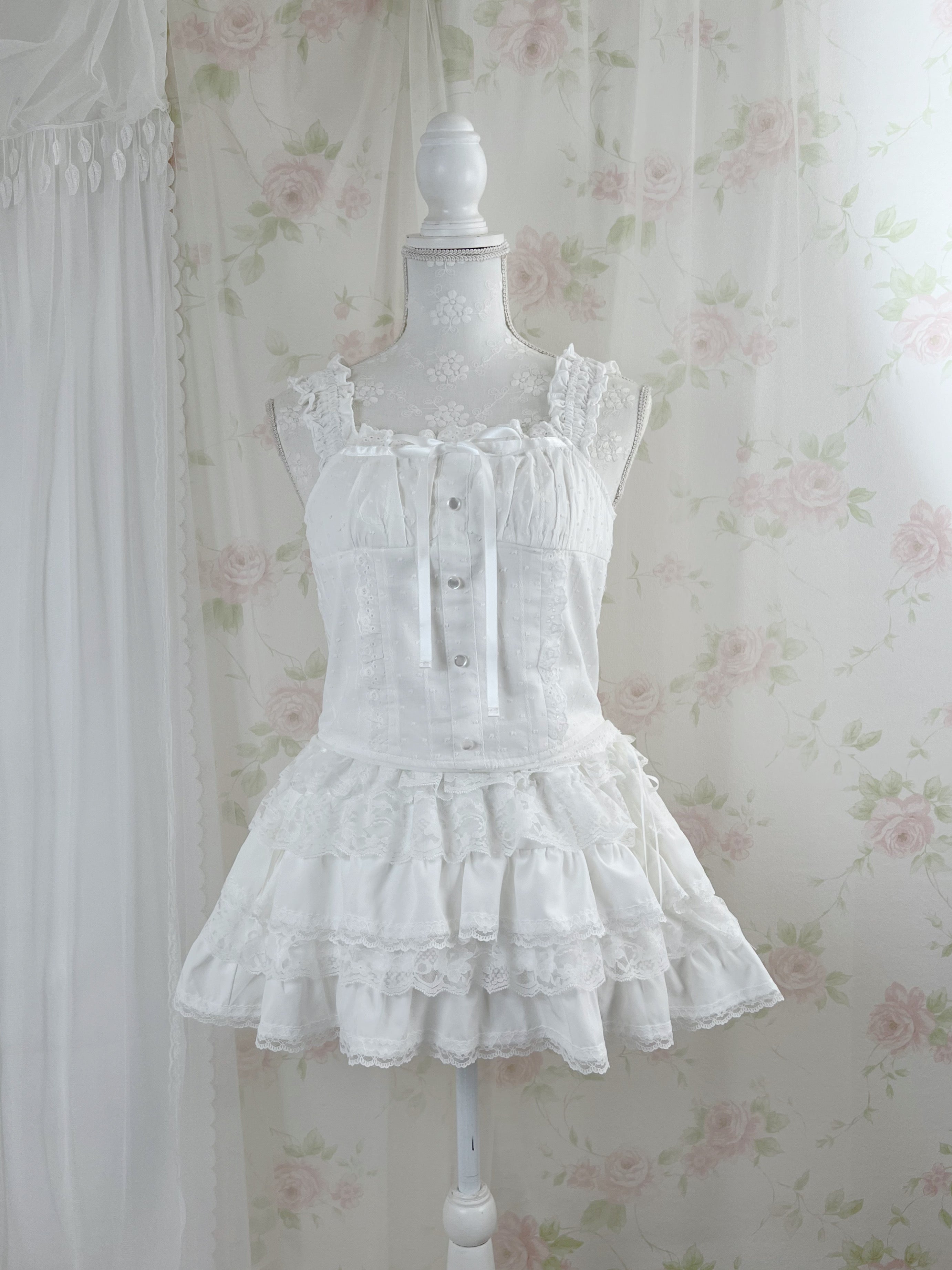 Cotton Lace Gather Strap Top (White)