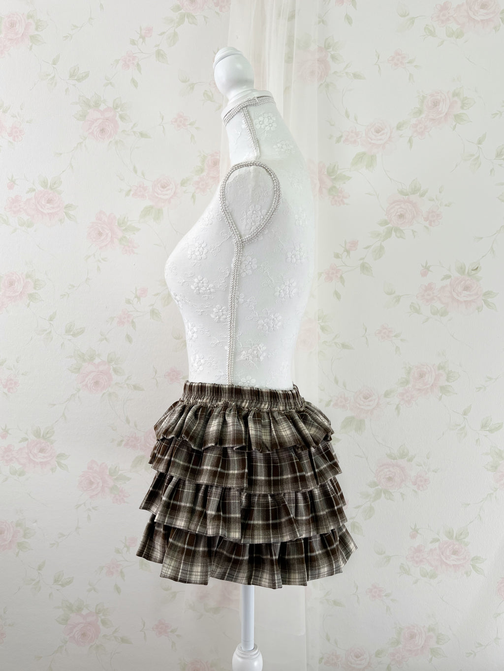 Tiered Checked Mini Skirt (Beige)