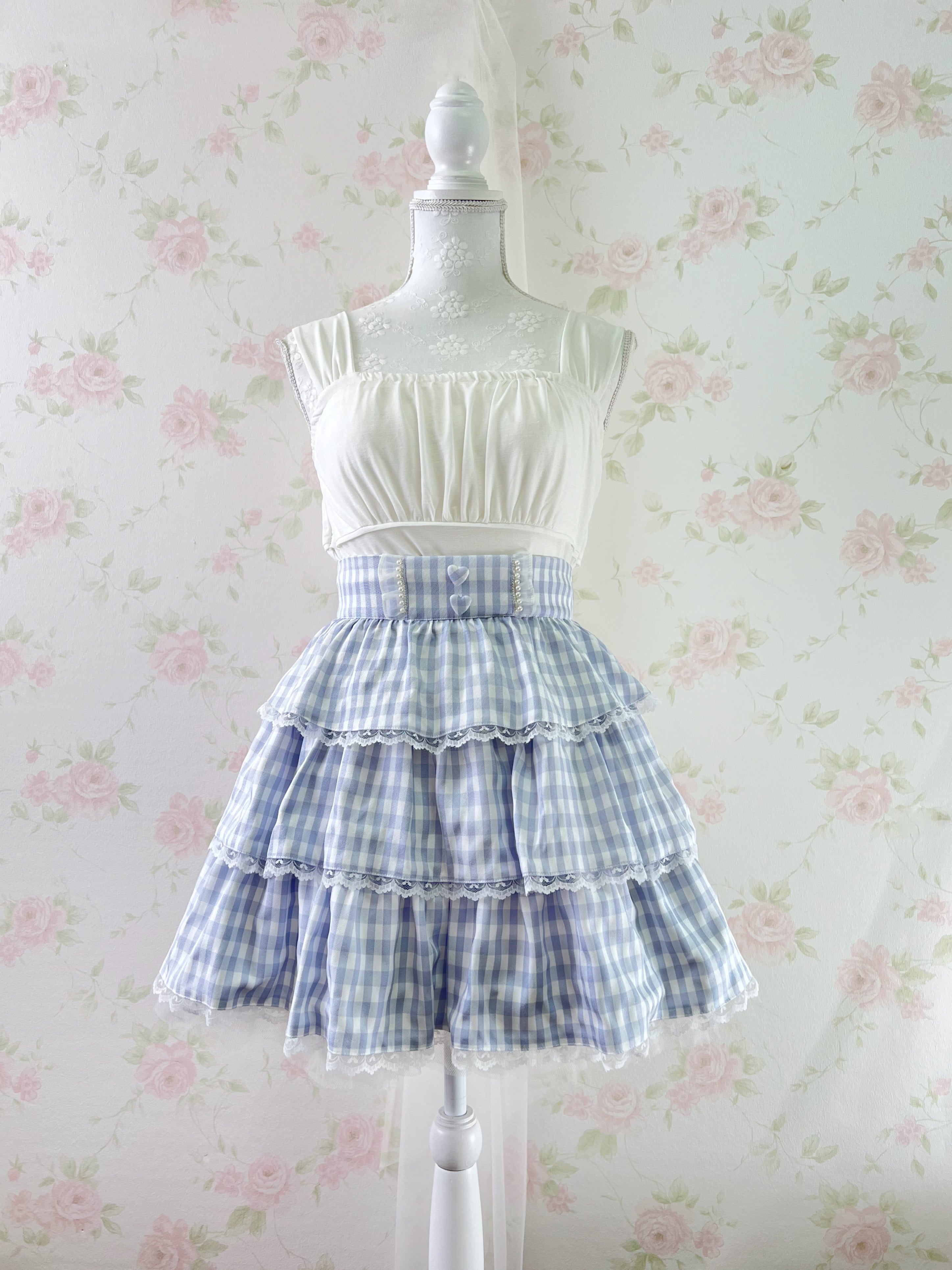 Ank Rouge tiered checked Skirt (Blue)