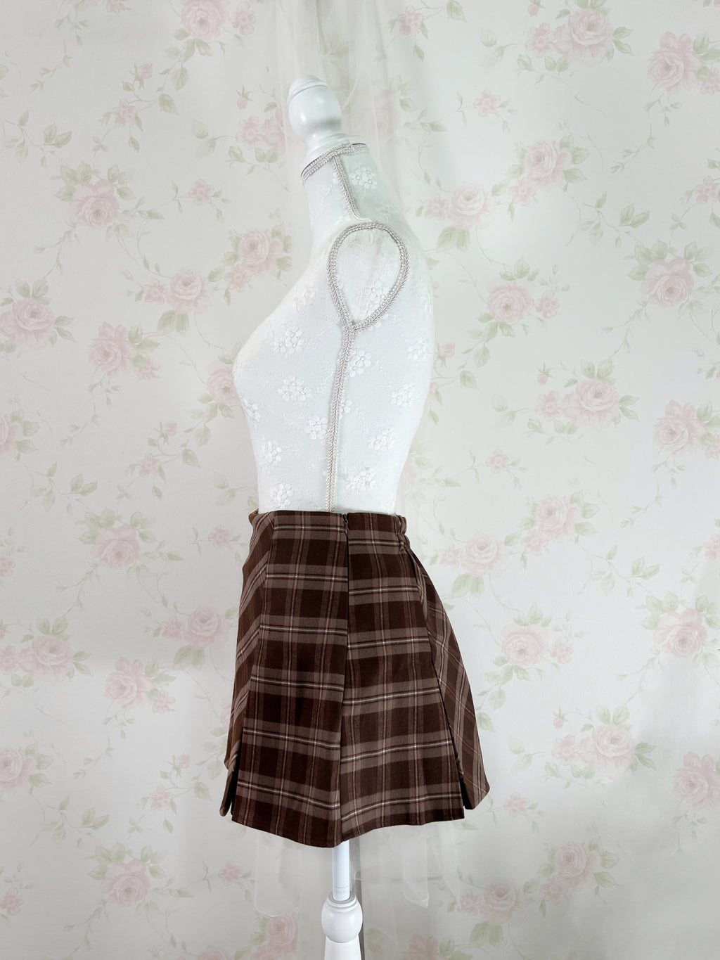 Trapezoid Checked Skirt (Brown)