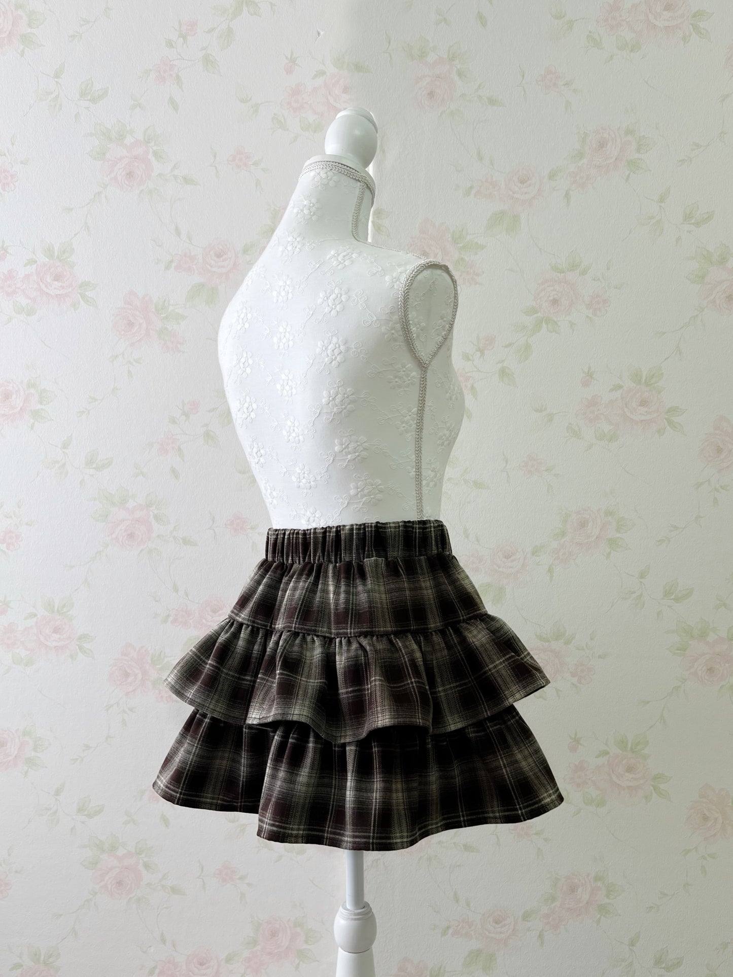 GRL Tiered Checked Skirt (Brown)