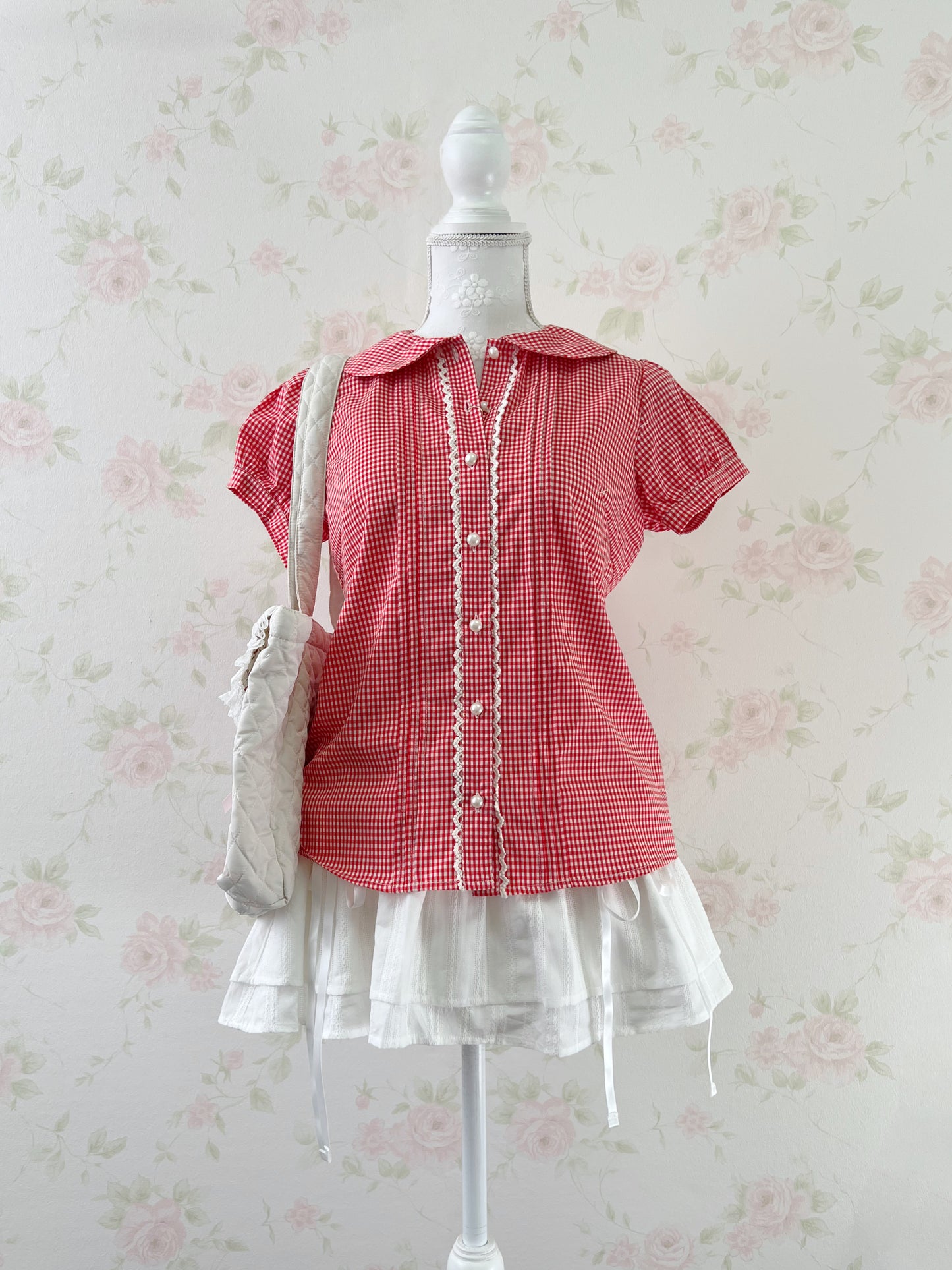 Ank Rouge Ribbon Checked Blouse (Red)