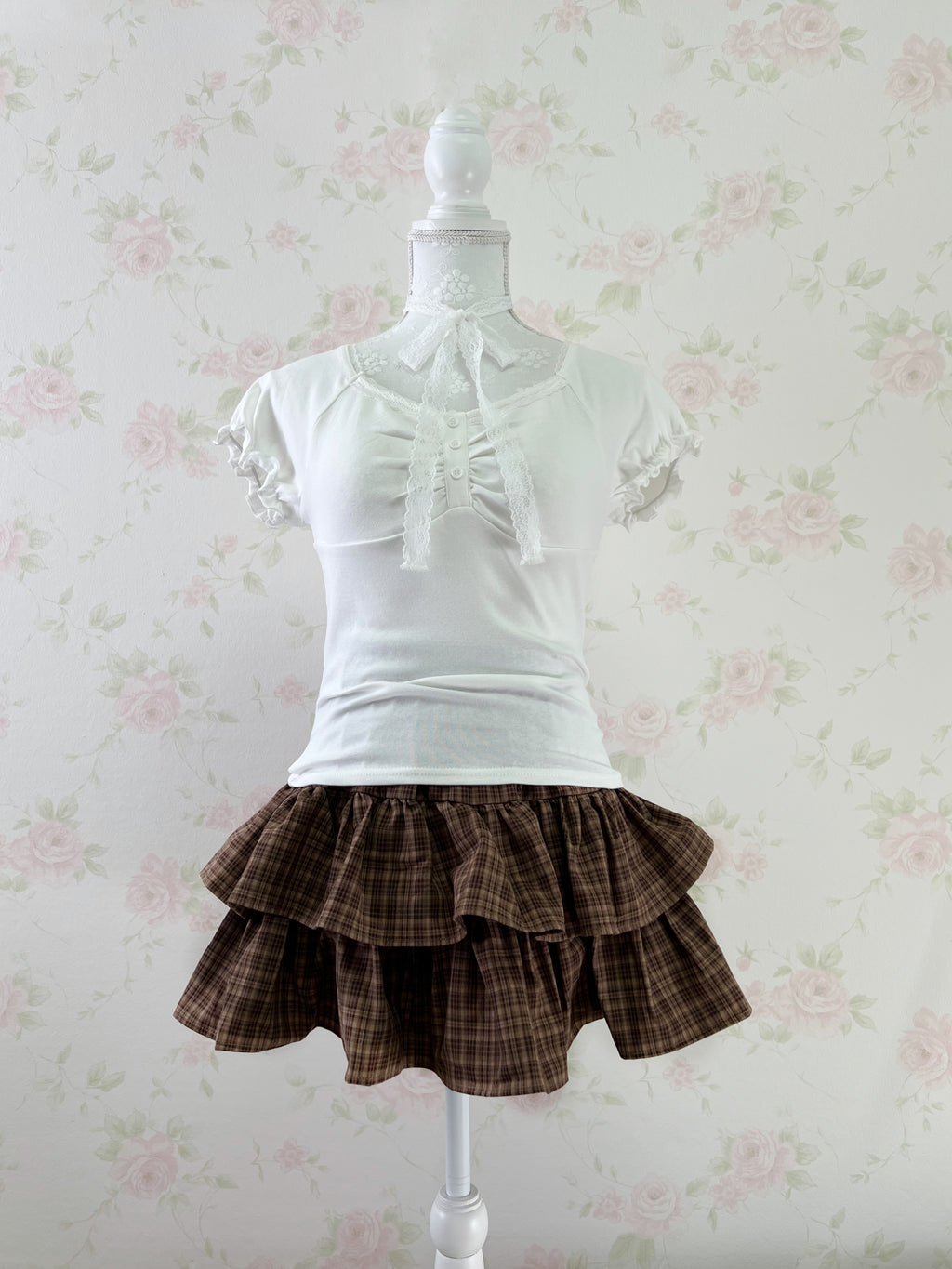Lace Choker Girly Cotton T-Shirt  (White)