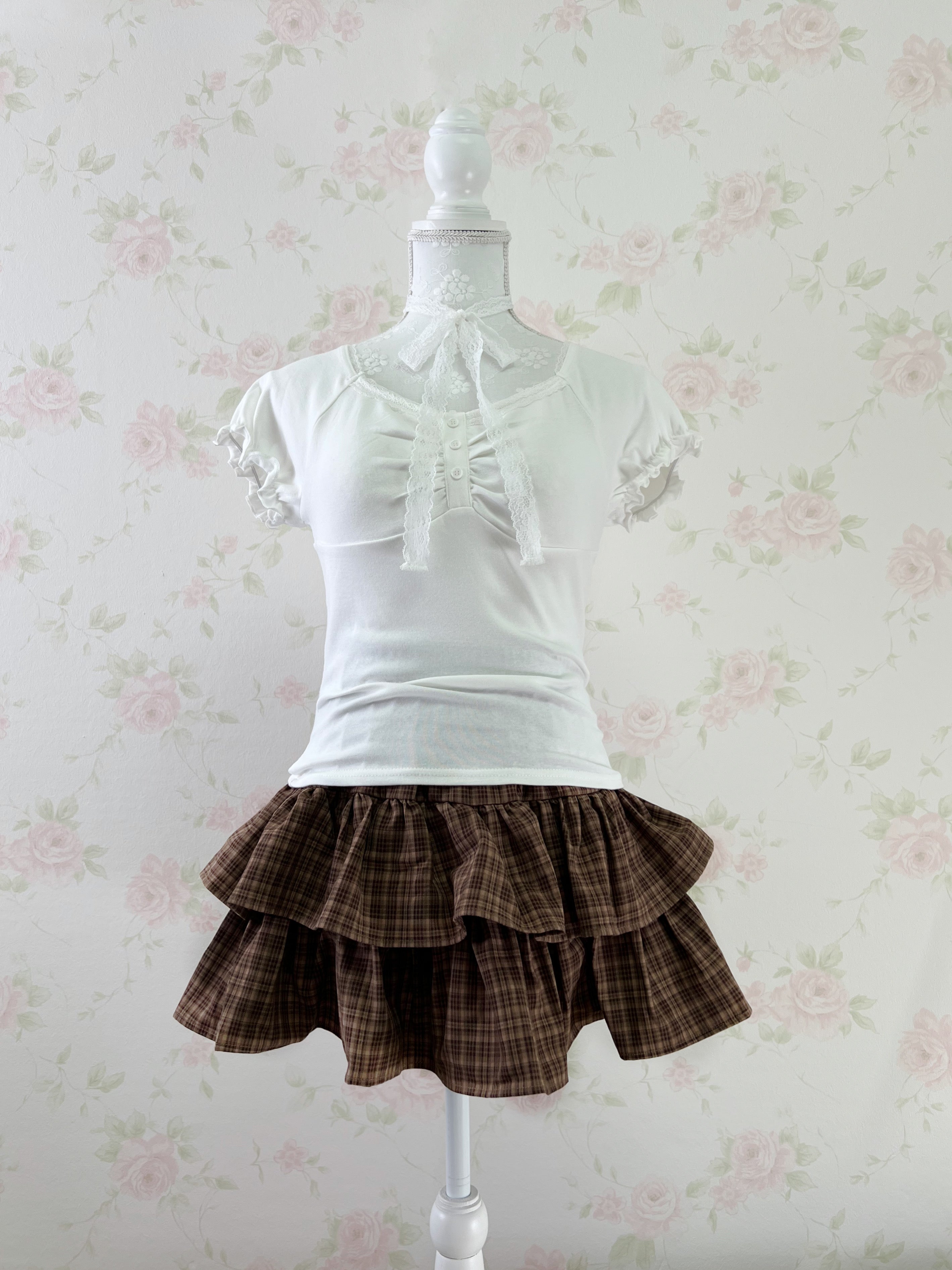 Lace Choker Girly Cotton T-Shirt  (White)