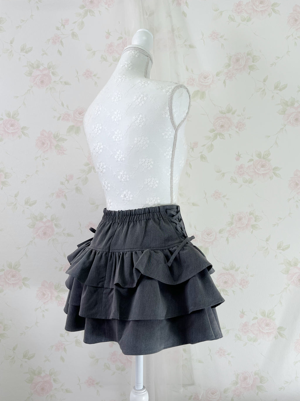 High Waist Tiered  Side Bow Skirt (Gray)