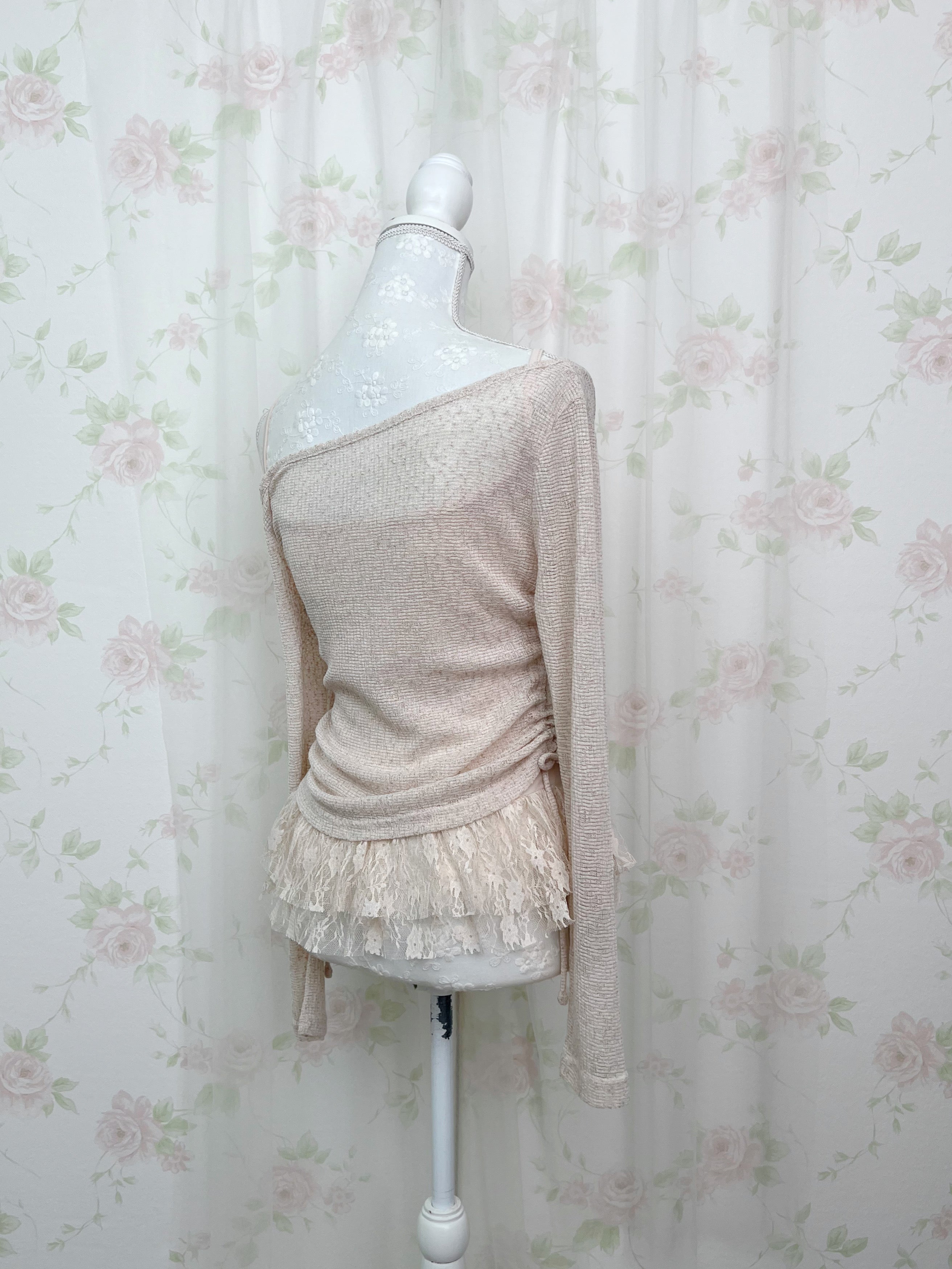 One Shoulder Knit Lace Camisole Set (Pink Beige)