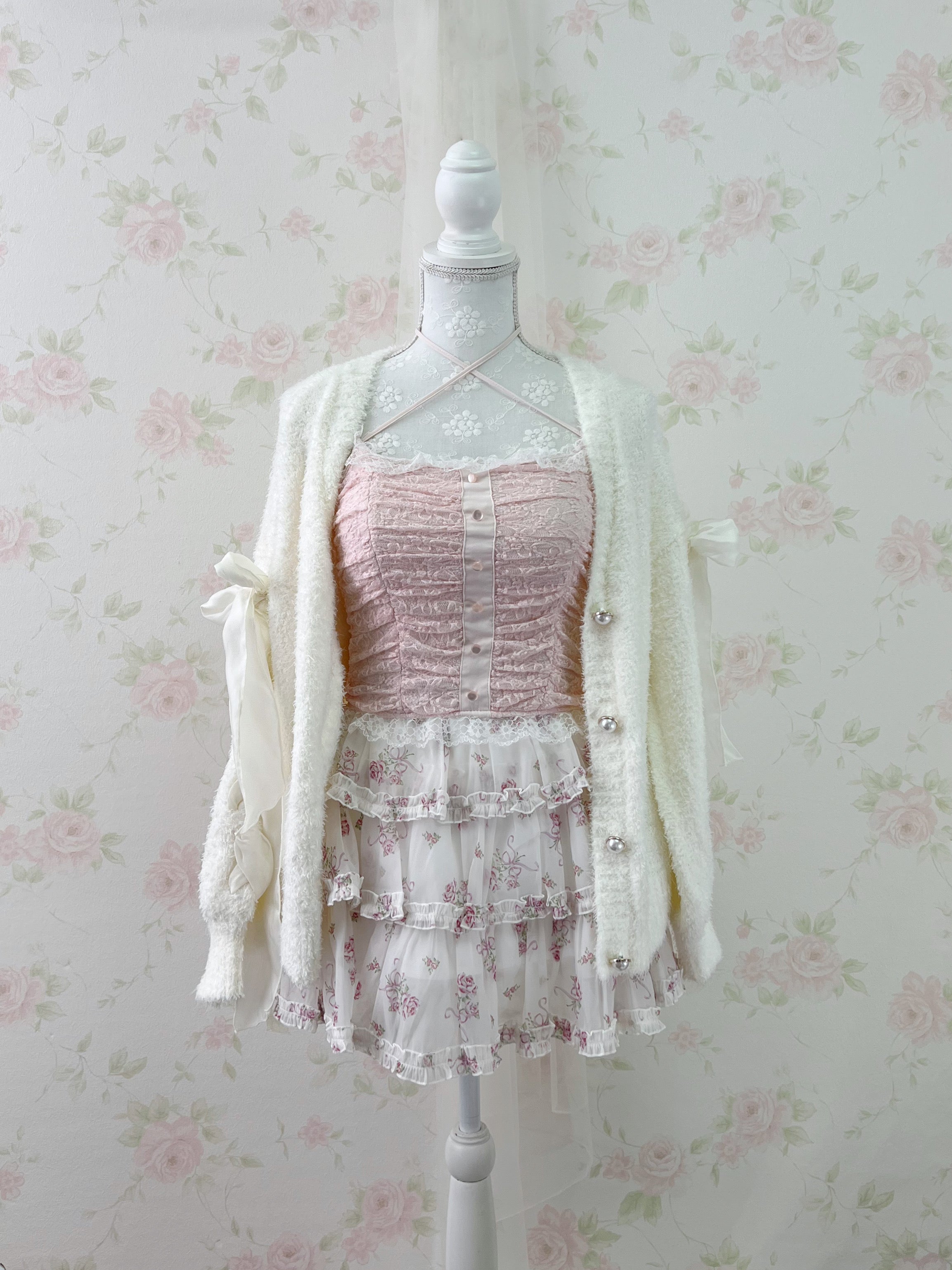 Laced Up Bow Shaggy Cardigan (Ivory)