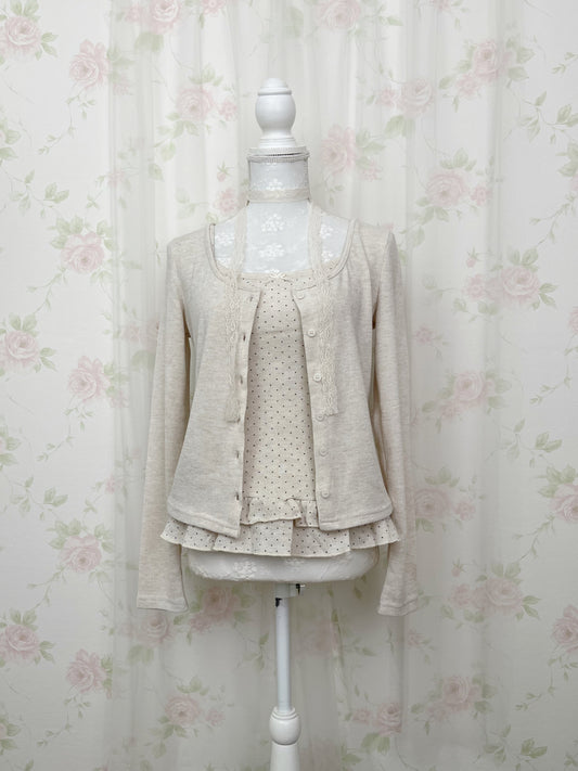 Polka Dot Cardigan Camisole Set (Beige)