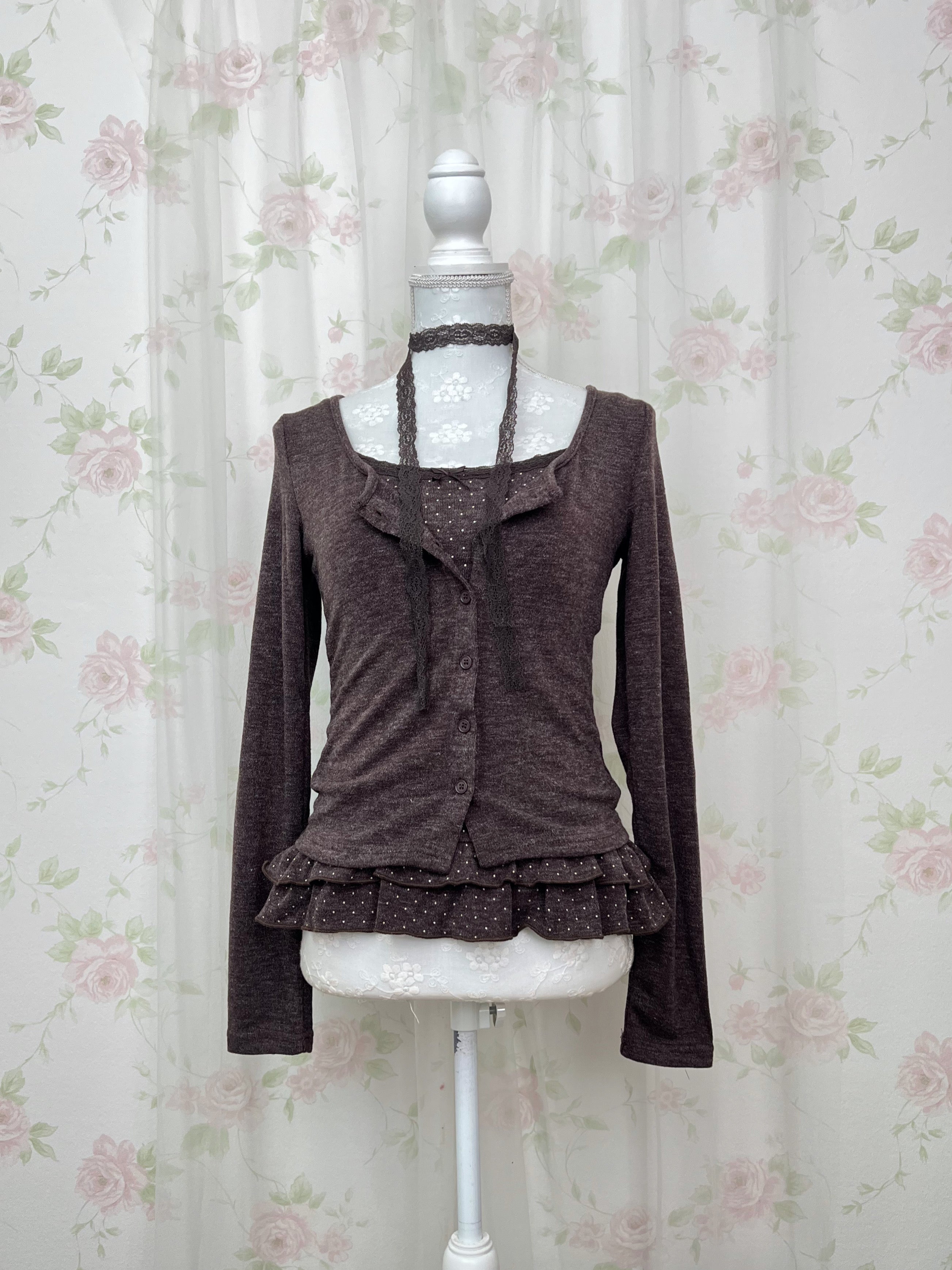 Polka Dot Cardigan Camisole Set (Chocolate)