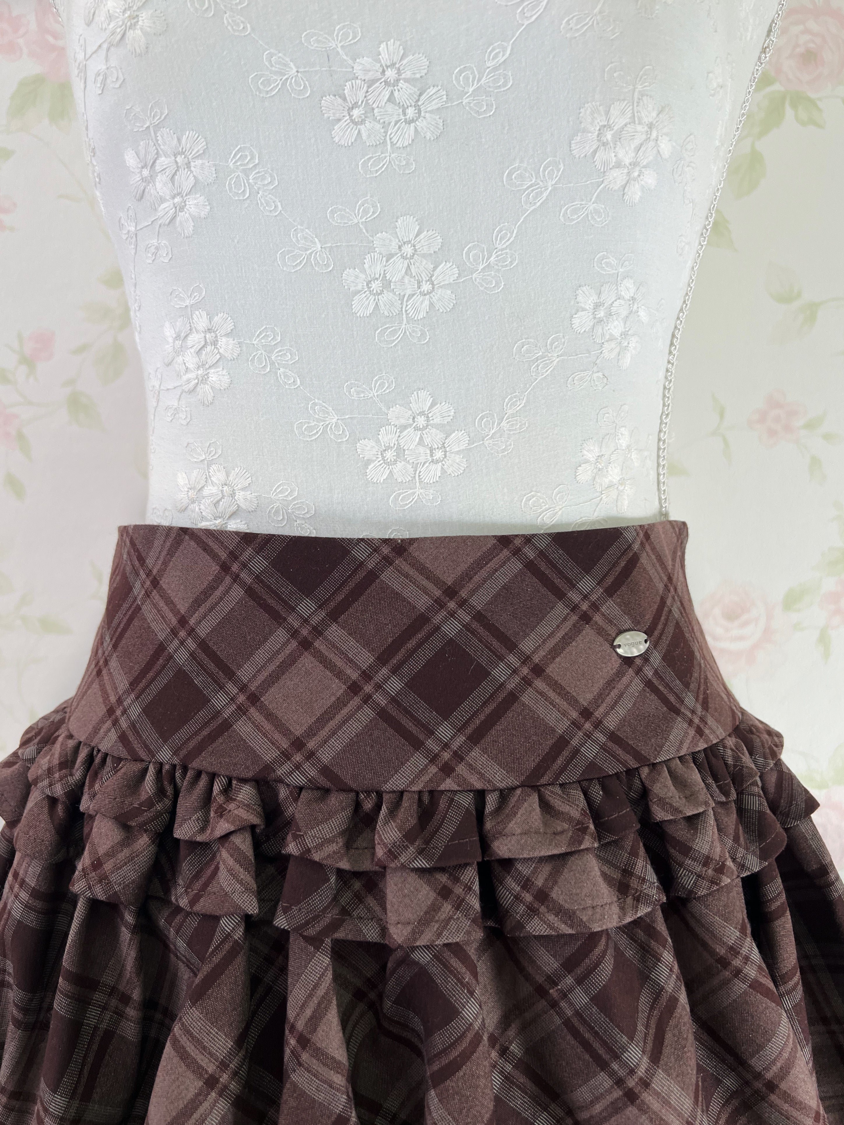 Balloon Gathered Checked Skirt (Brown)