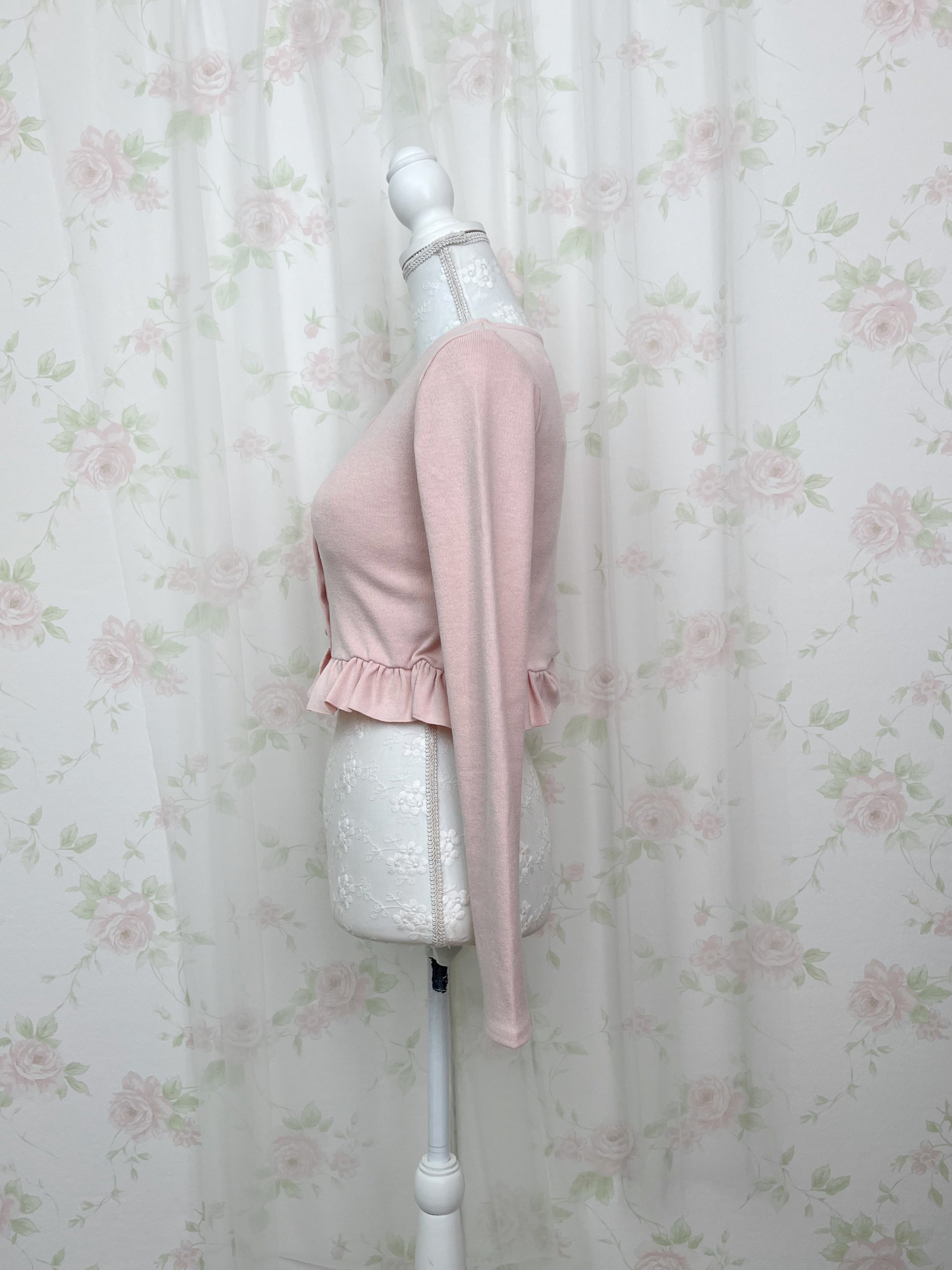 Ruffled Hem Pearl Button Cardigan (Pink)