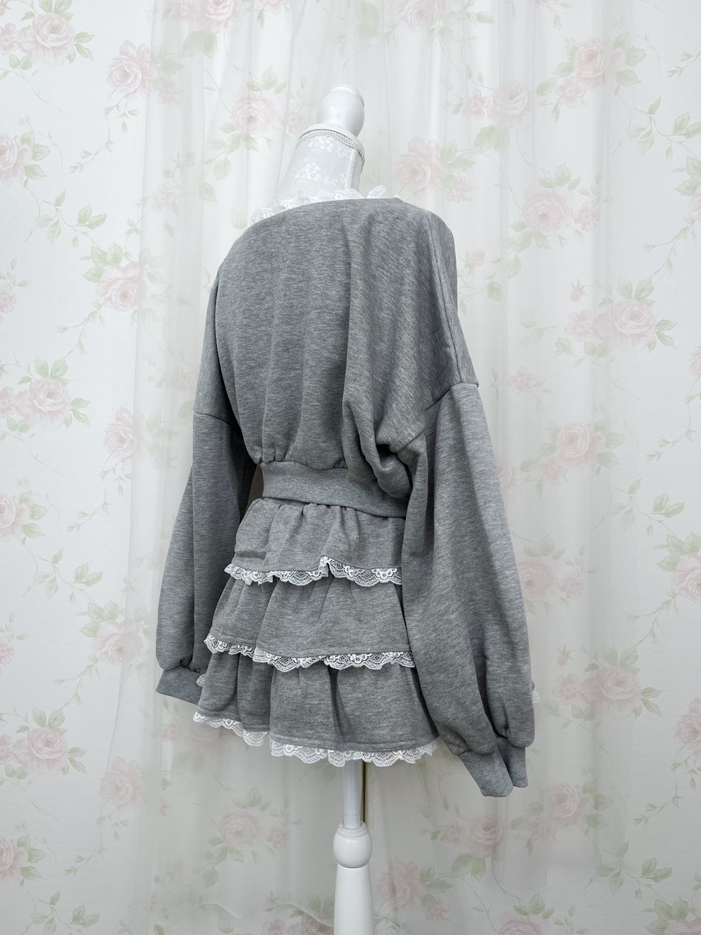 One Shoulder Top&Lace Sweat Skirt Set (Gray)