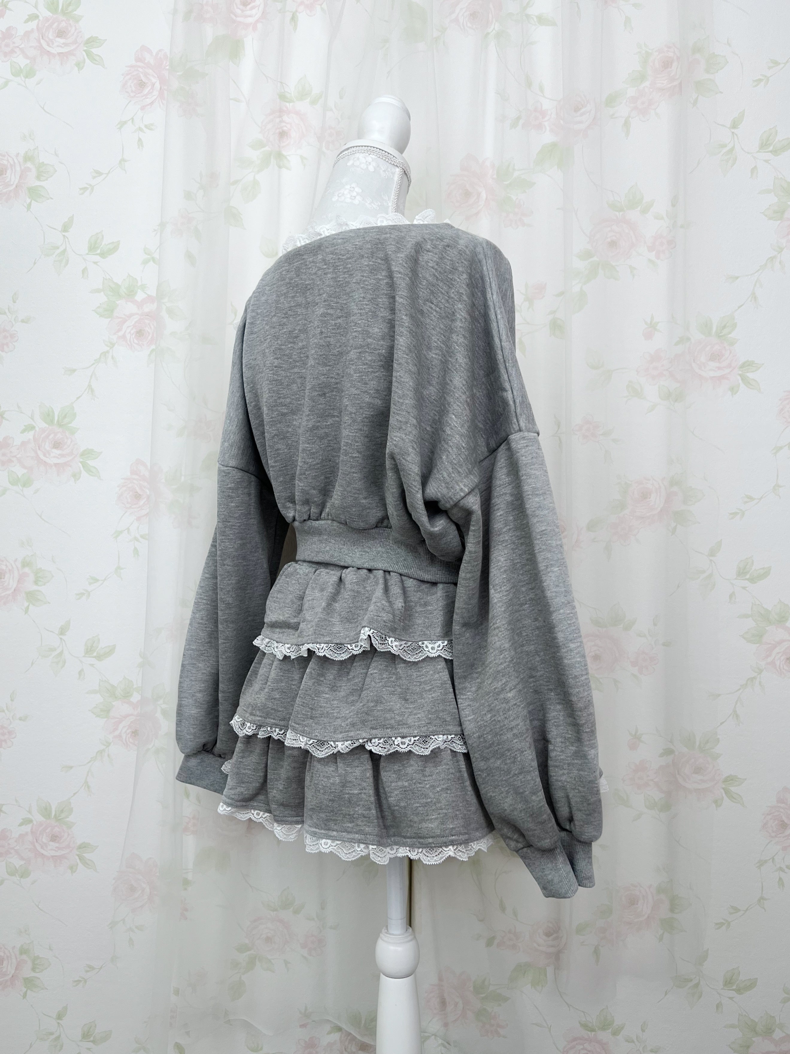 One Shoulder Top&Lace Sweat Skirt Set (Gray)