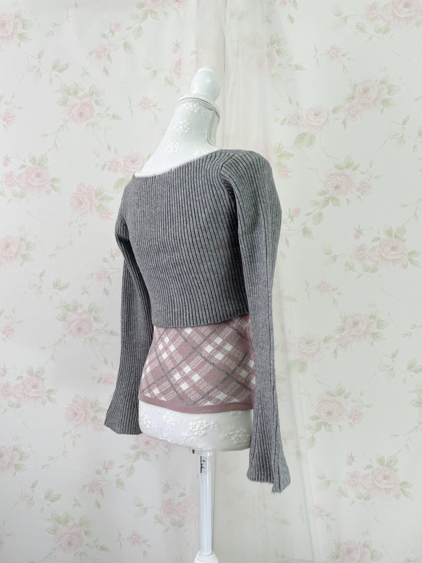 apres jour Short Knit Top & Camisole Set (Gray Pink)