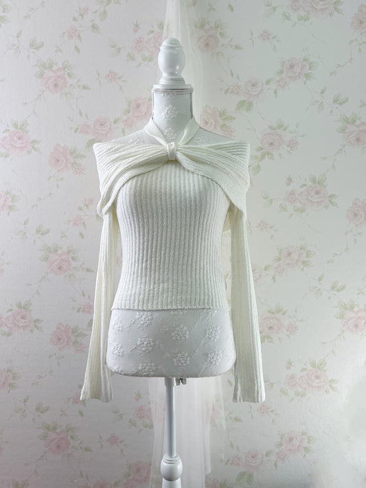GRL Bow Front Halter Neck Ribbon Sweater (Ivory)