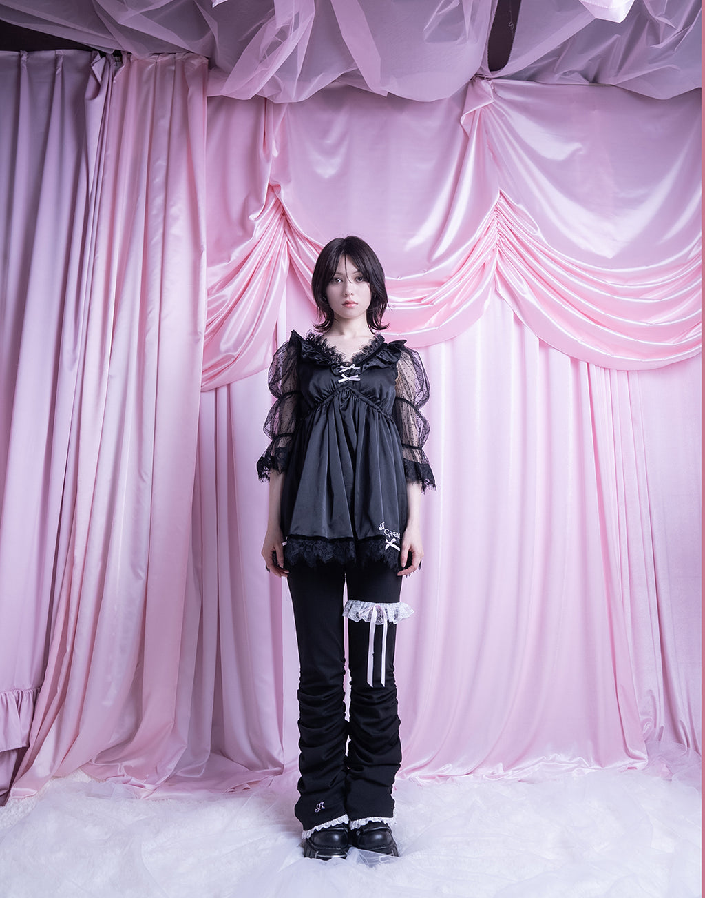 AVENCHUMU Dot tulle & ribbon satin babydoll