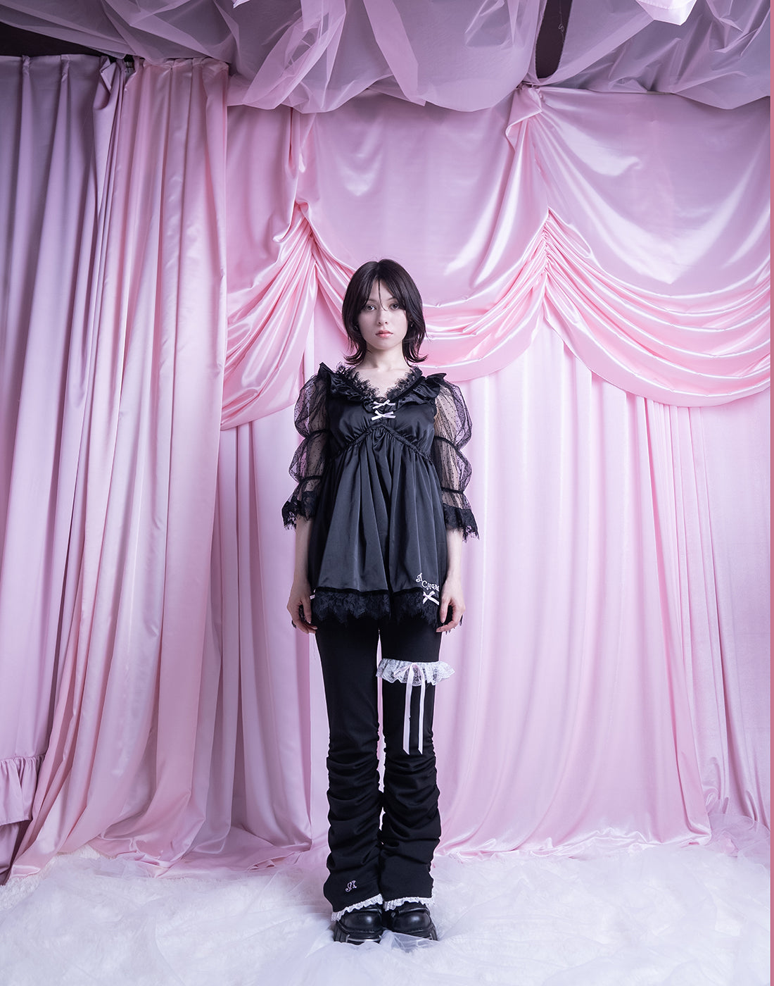 AVENCHUMU Dot tulle & ribbon satin babydoll