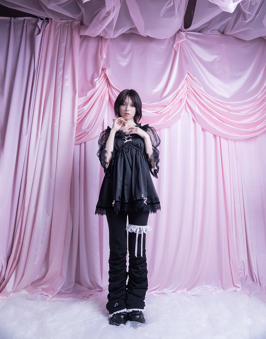 AVENCHUMU Dot tulle & ribbon satin babydoll