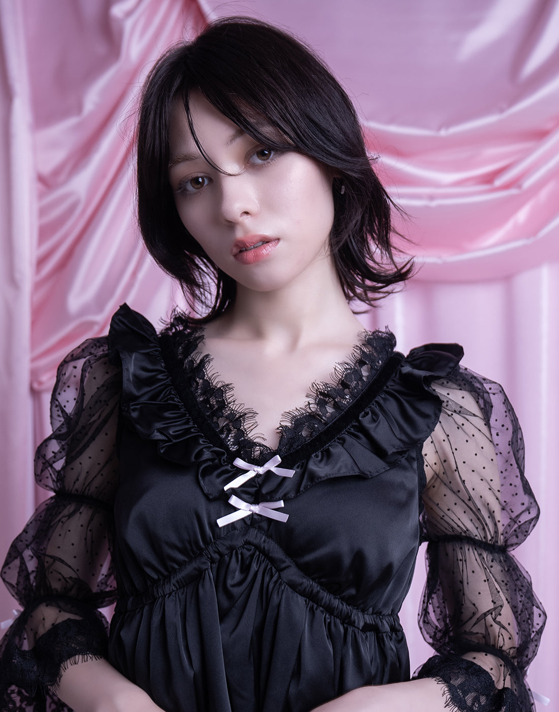 AVENCHUMU Dot tulle & ribbon satin babydoll
