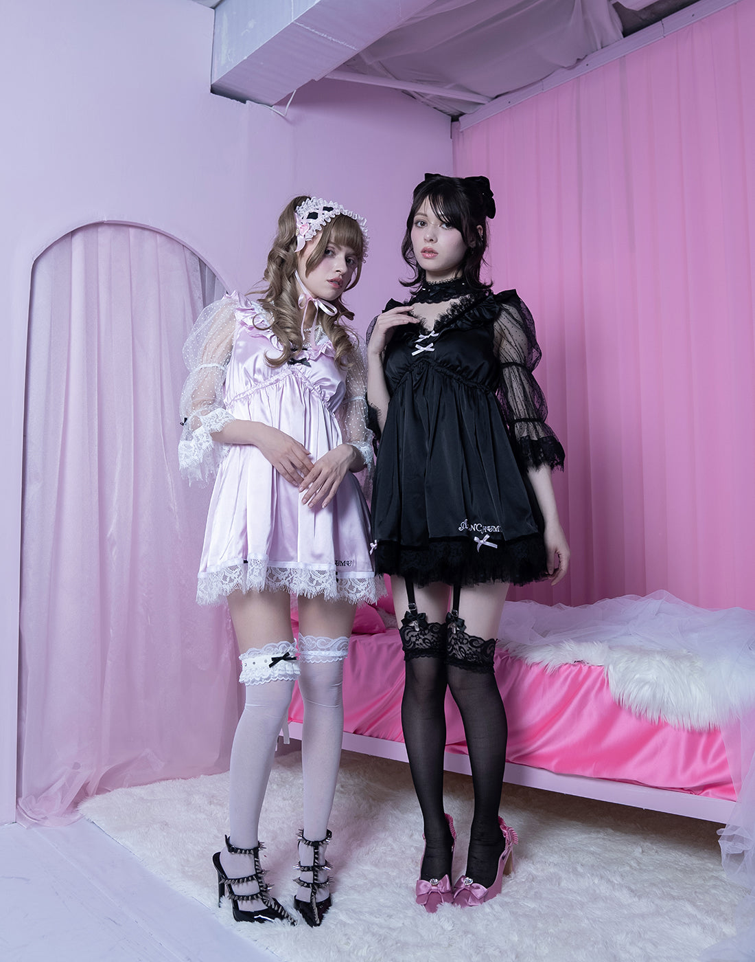 AVENCHUMU Dot tulle & ribbon satin babydoll