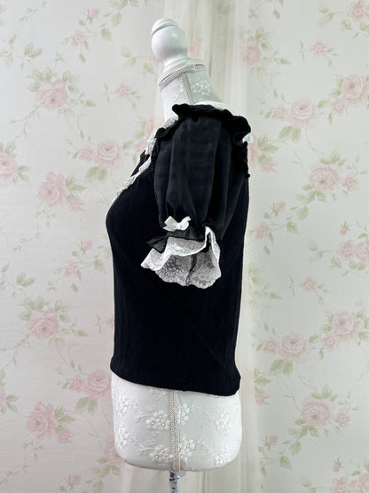 NOEMIE Crystal Heart Bow Lacy Collar Top (Black)