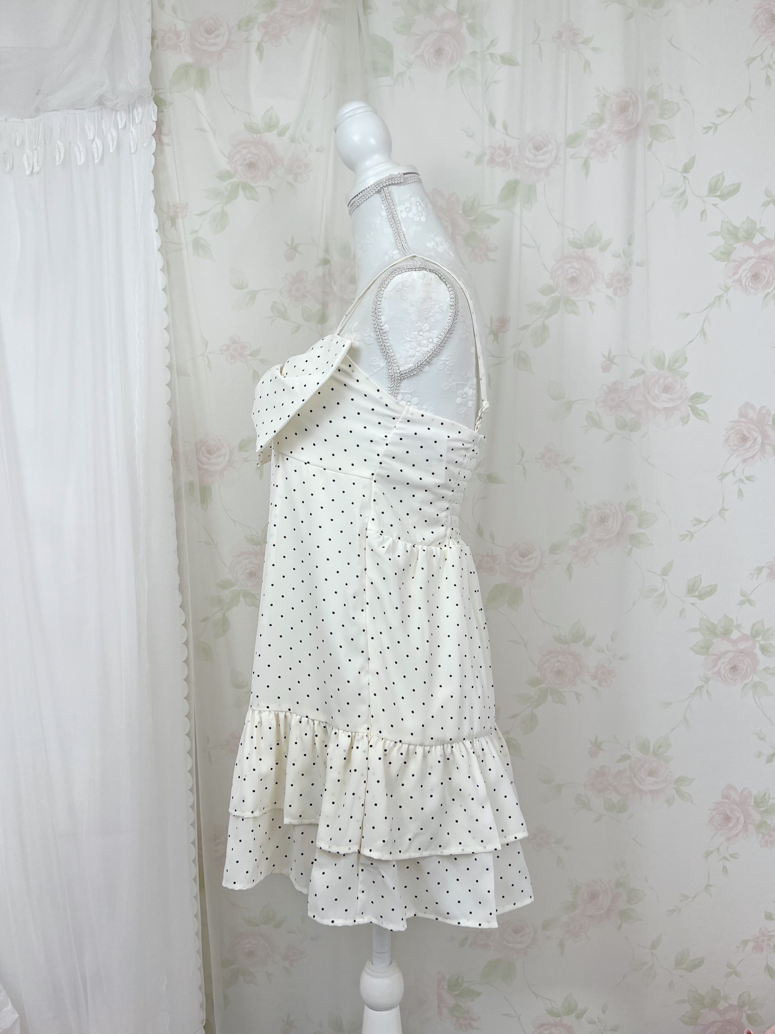 Polka Dot Big Bow Camisole Dress(Ivory)