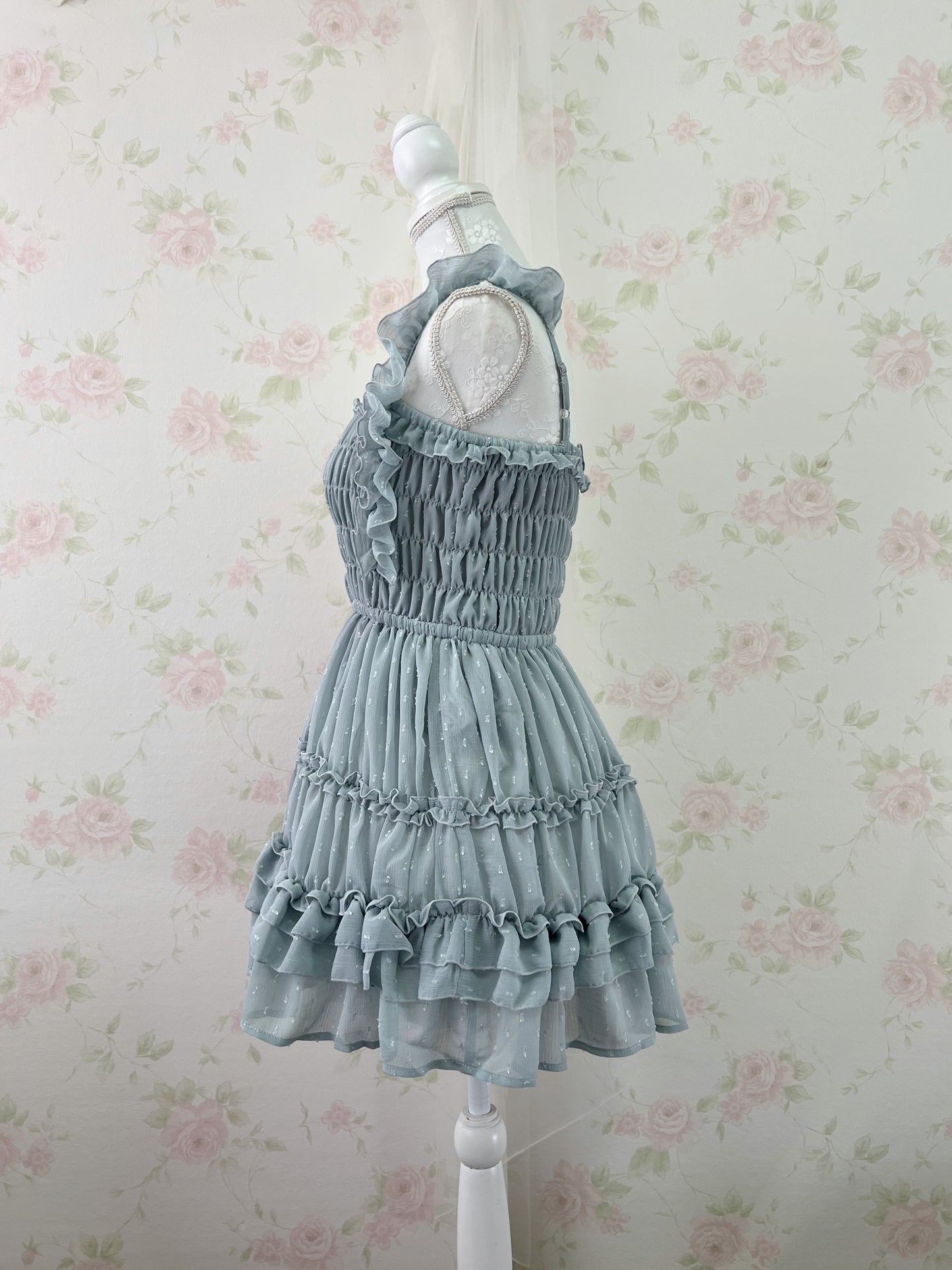 GRL Frilled Strap Tiered Dress (Grayish Blue Green)