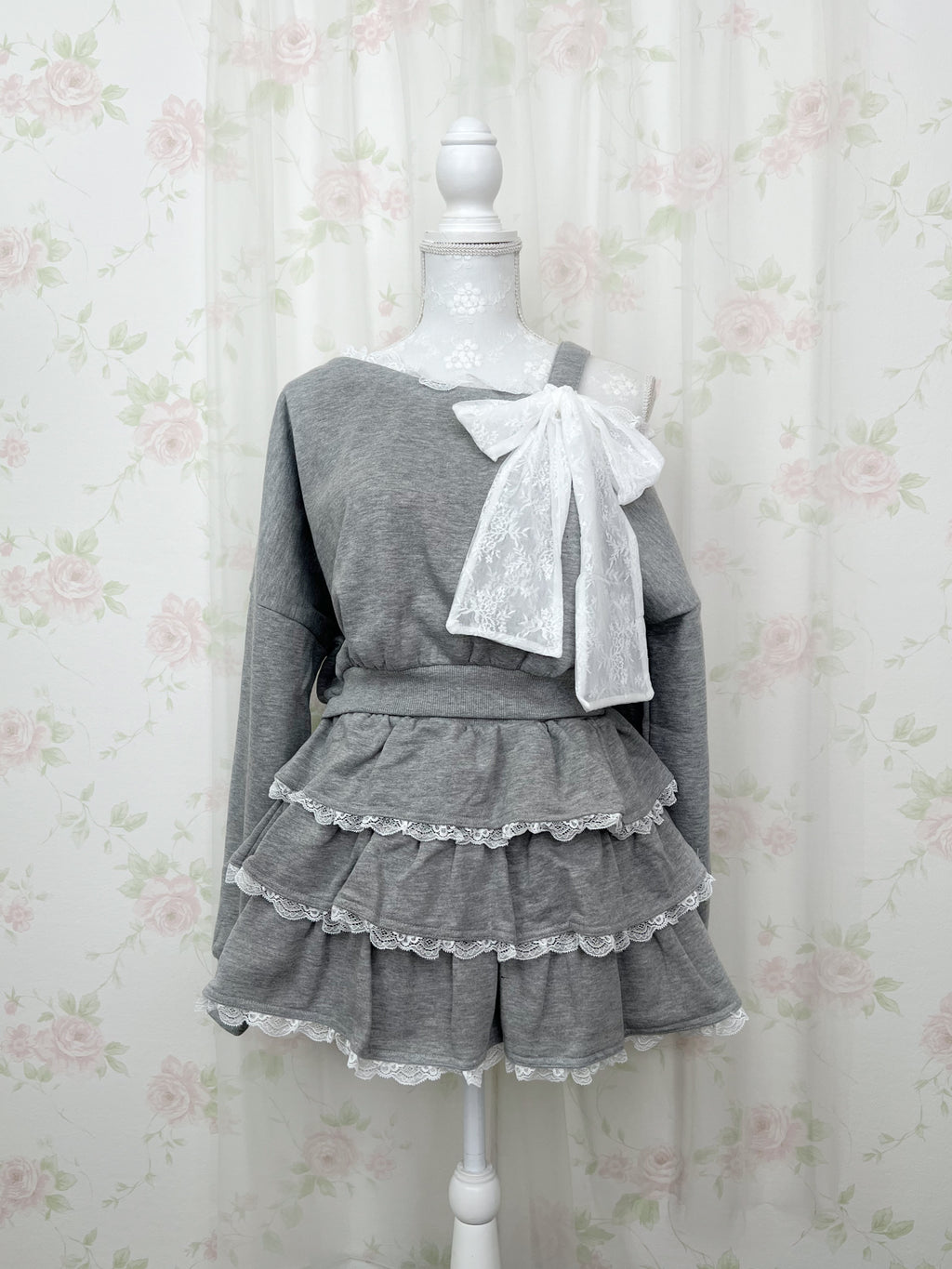 One Shoulder Top&Lace Sweat Skirt Set (Gray)