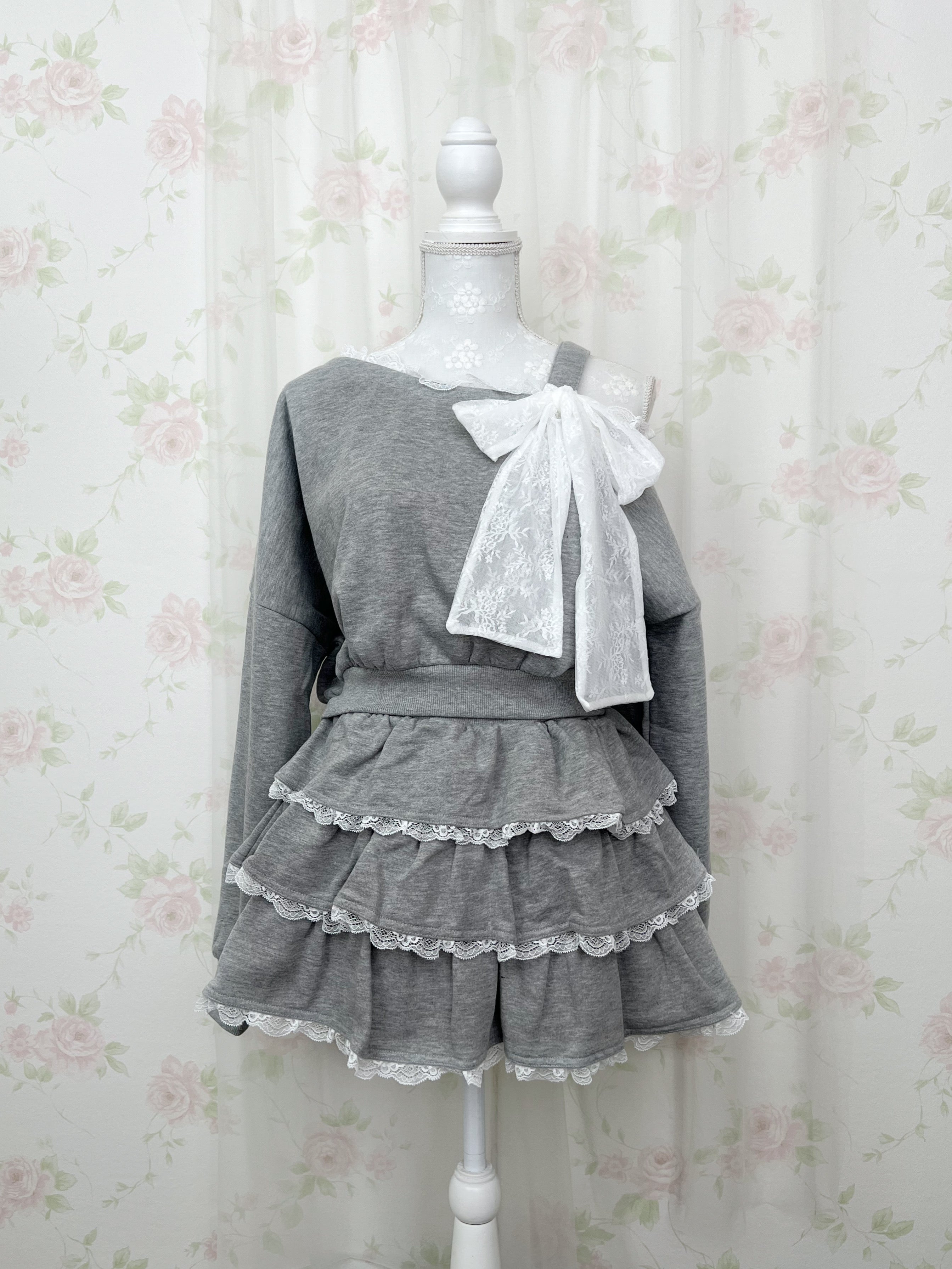 One Shoulder Top&Lace Sweat Skirt Set (Gray)