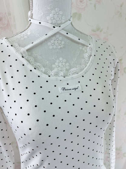 Olive des Polka Dot Lace Hem T-shirt (White)